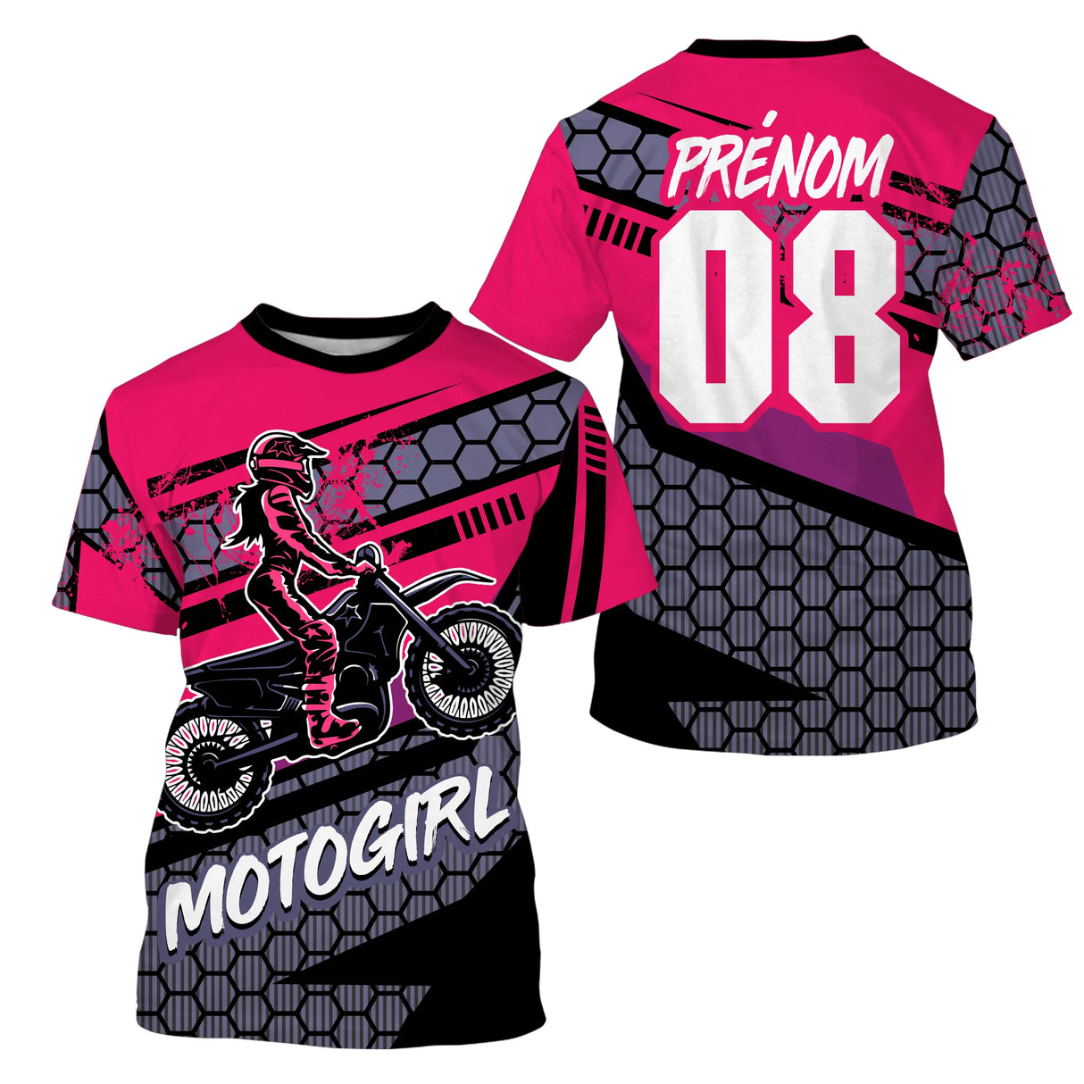 Anti-UV à capuche maillot motocross rose femme, lettrage Motogirl et numéro de course personnalisé