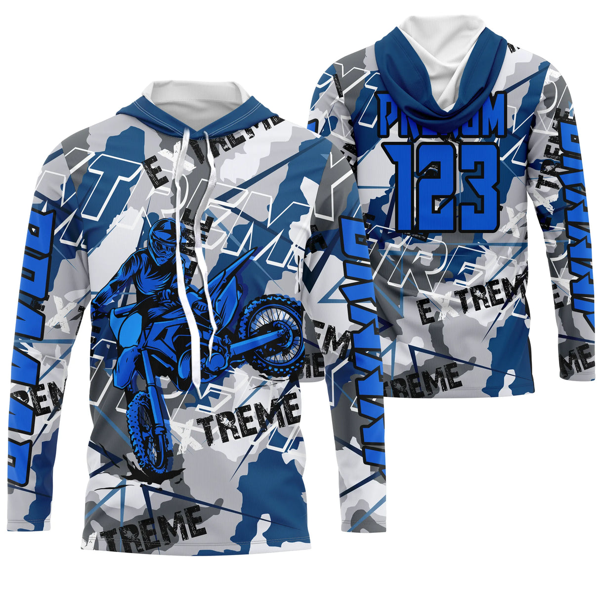 Maillot motocross bleu blanc avec motif camo géométrique et lettrage Xtreme, prénom et numéro 123 imprimés