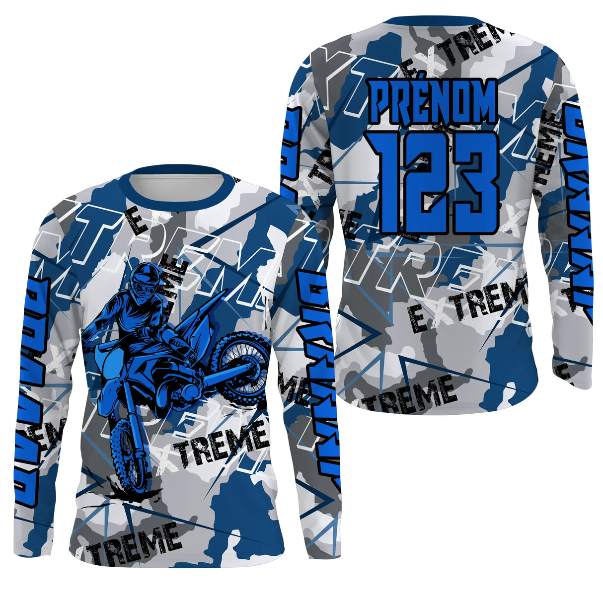 Anti-UV manches longues maillot motocross bleu blanc Xtreme camo, design dirt bike géométrique personnalisé