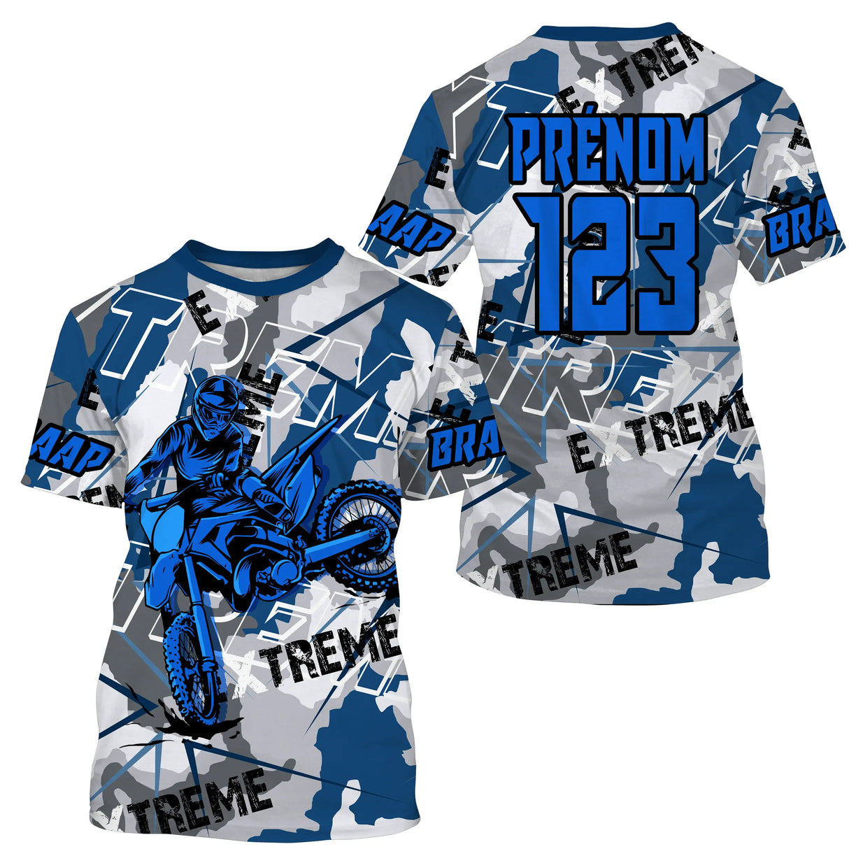 Anti-UV à capuche maillot motocross bleu blanc Xtreme, motif camo géométrique et numéro de course personnalisé