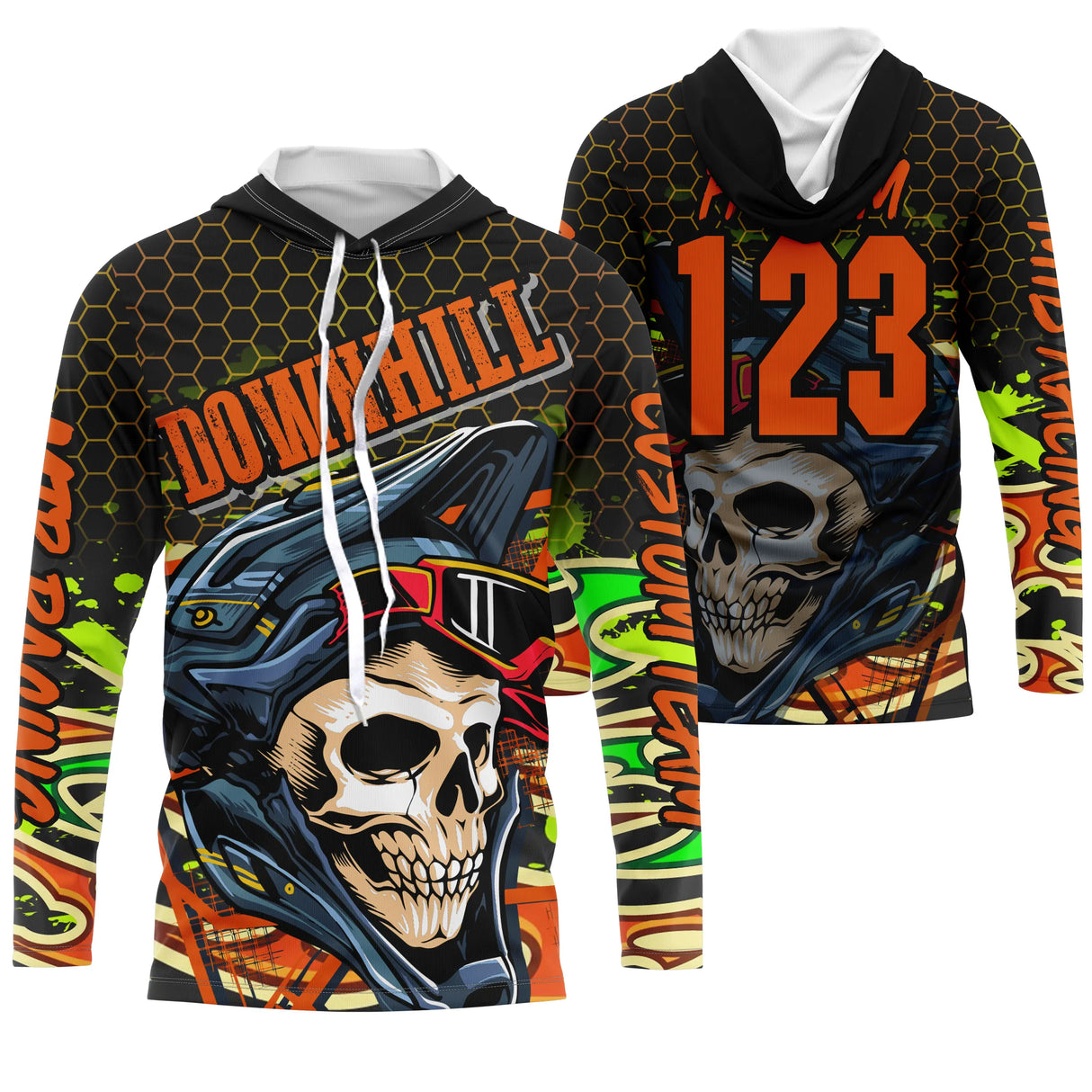 Maillot motocross vert anis orange noir avec tête de mort casquée et lettrage Downhill, prénom numéro 123 imprimés