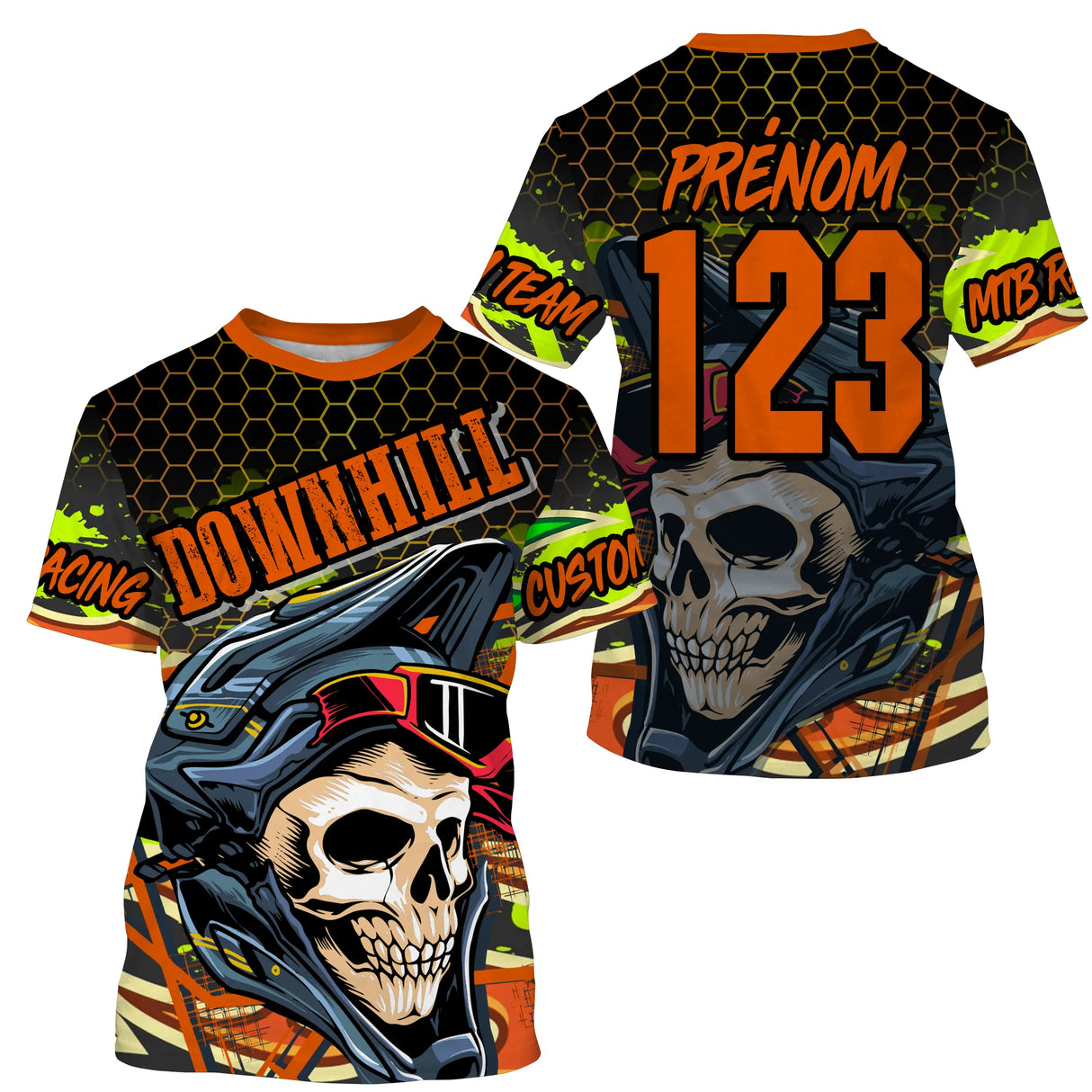 Anti-UV à capuche maillot motocross vert orange, motif tête de mort Downhill et numéro de course personnalisé