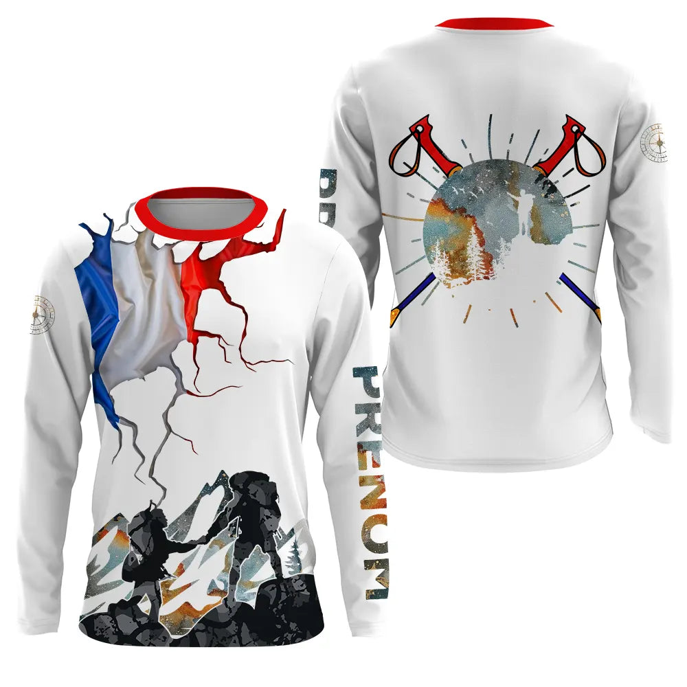 T-shirt randonnée variante avec drapeau France et trek, prénom personnalisé