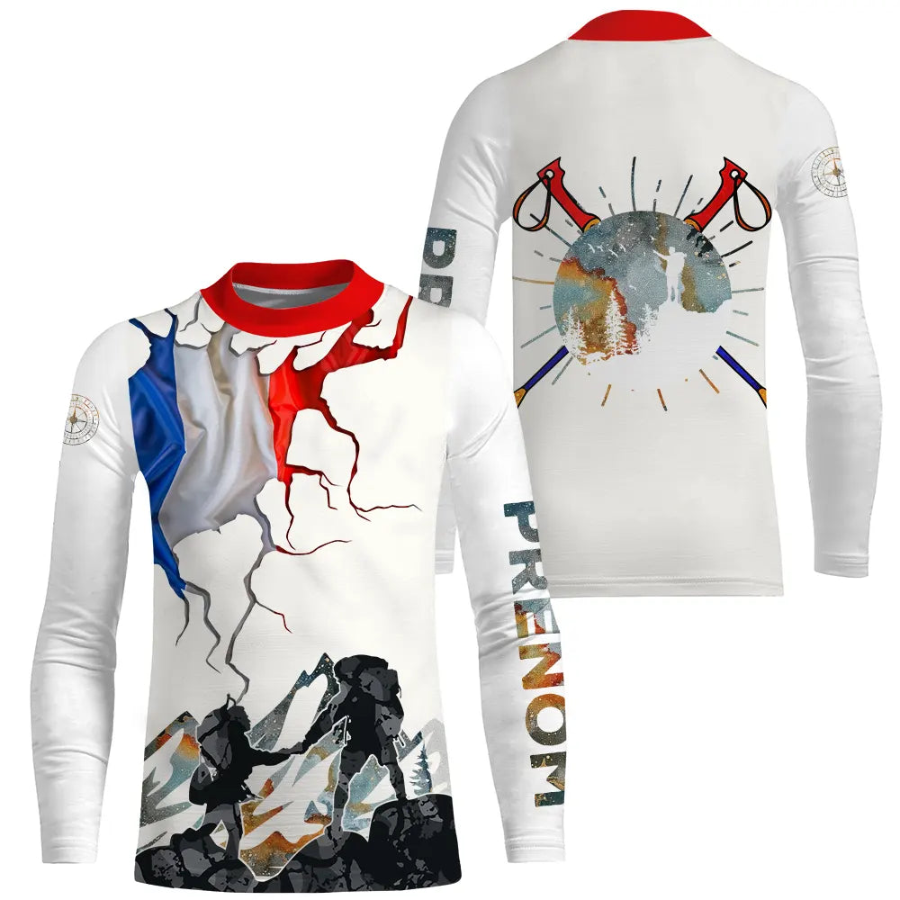 T-shirt randonnée variante tricolore avec randonneur, prénom personnalisé
