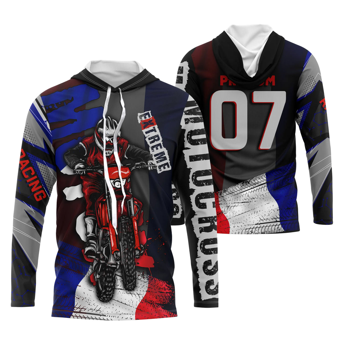 Anti-UV à capuche motocross France bleu marine, design dirt bike patriotique personnalisé
