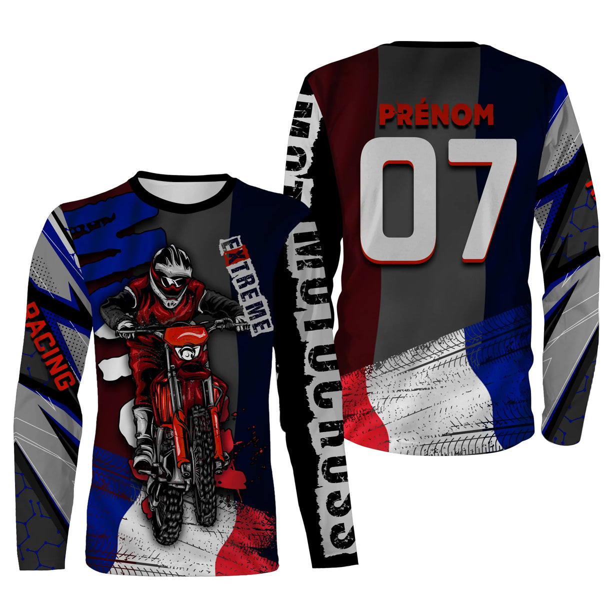 T-shirt manches longues motocross France bleu rouge blanc, design dirt bike personnalisable prénom