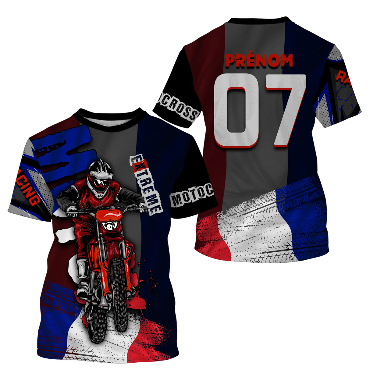 Maillot motocross France bleu marine avec motard MX et drapeau tricolore, prénom numéro 07 imprimés Motocross Extrême