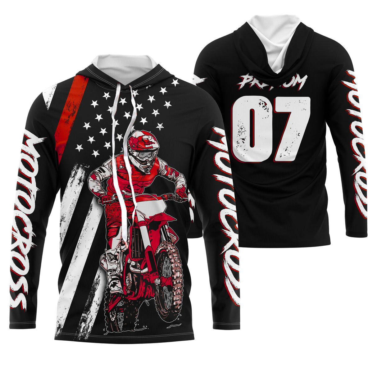Anti-UV à capuche motocross noir rouge Racing, design dirt bike personnalisé pour compétiteur