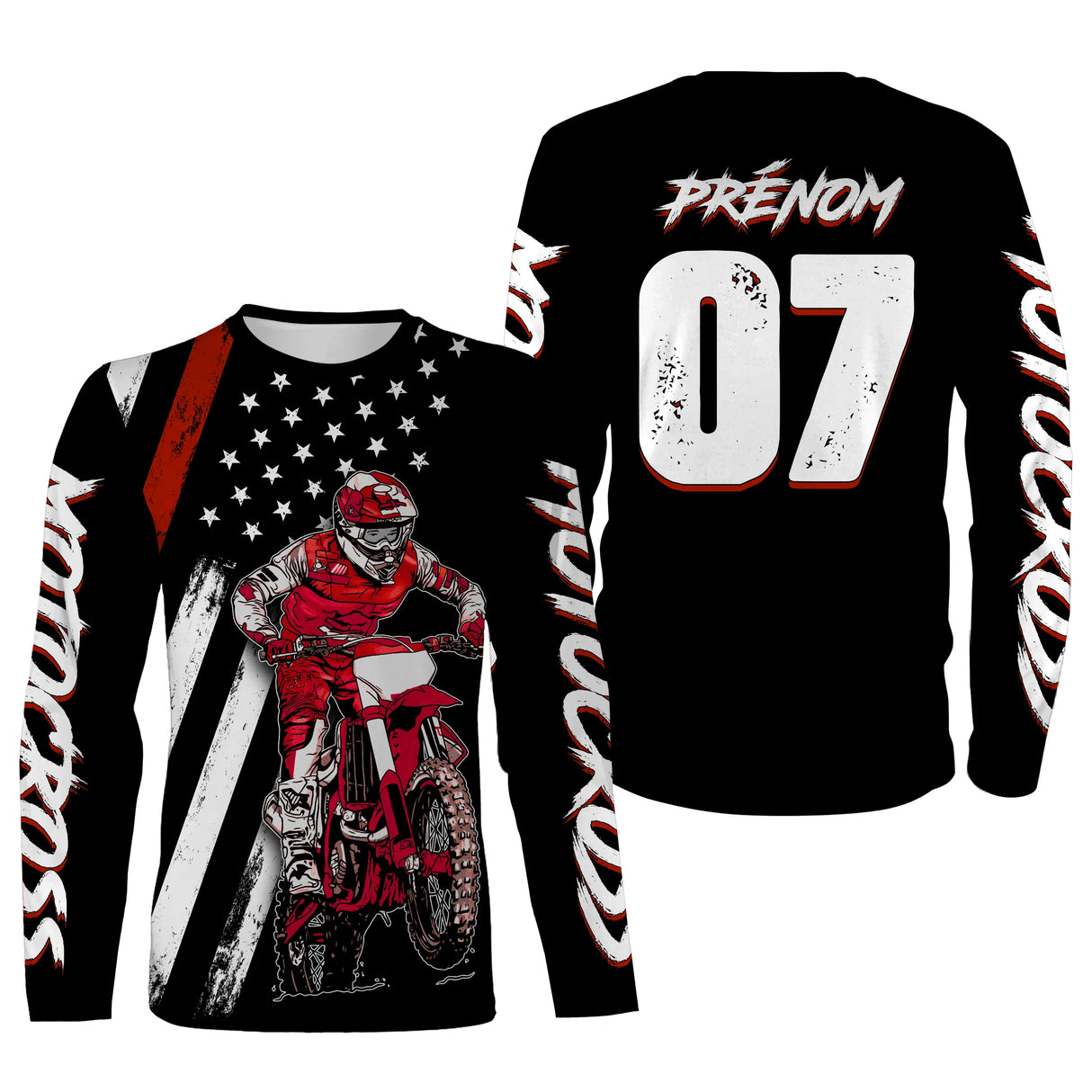 T-shirt manches longues motocross noir rouge MX Racing, design dirt bike personnalisable prénom
