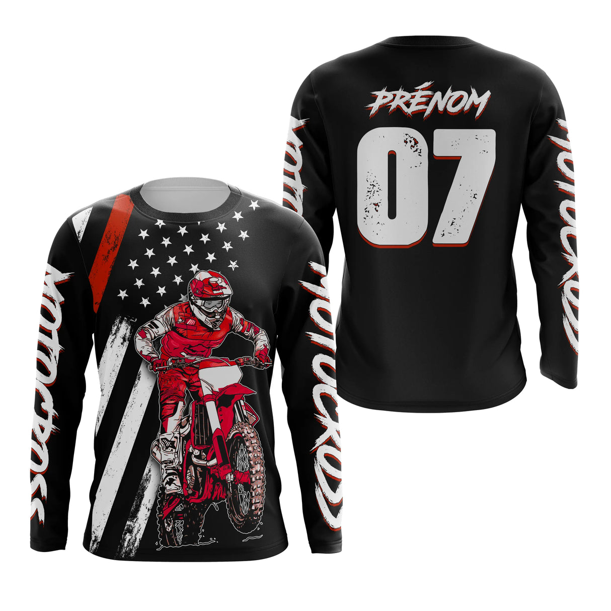 Anti-UV manches longues motocross MX Racing rouge, tenue piste avec prénom et numéro pour pilote