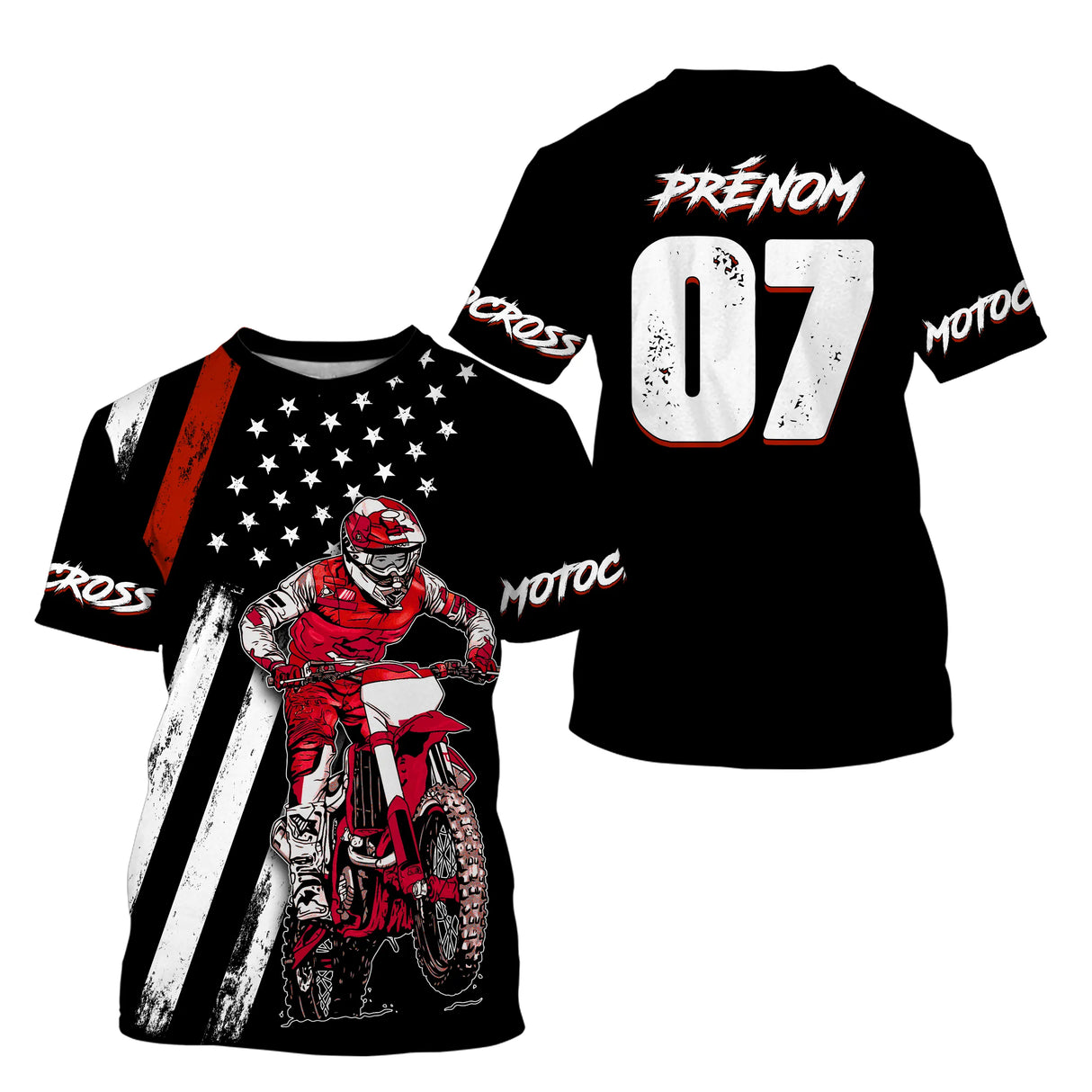 Maillot motocross MX Racing noir rouge avec motard en pleine course et drapeau USA, prénom numéro 07