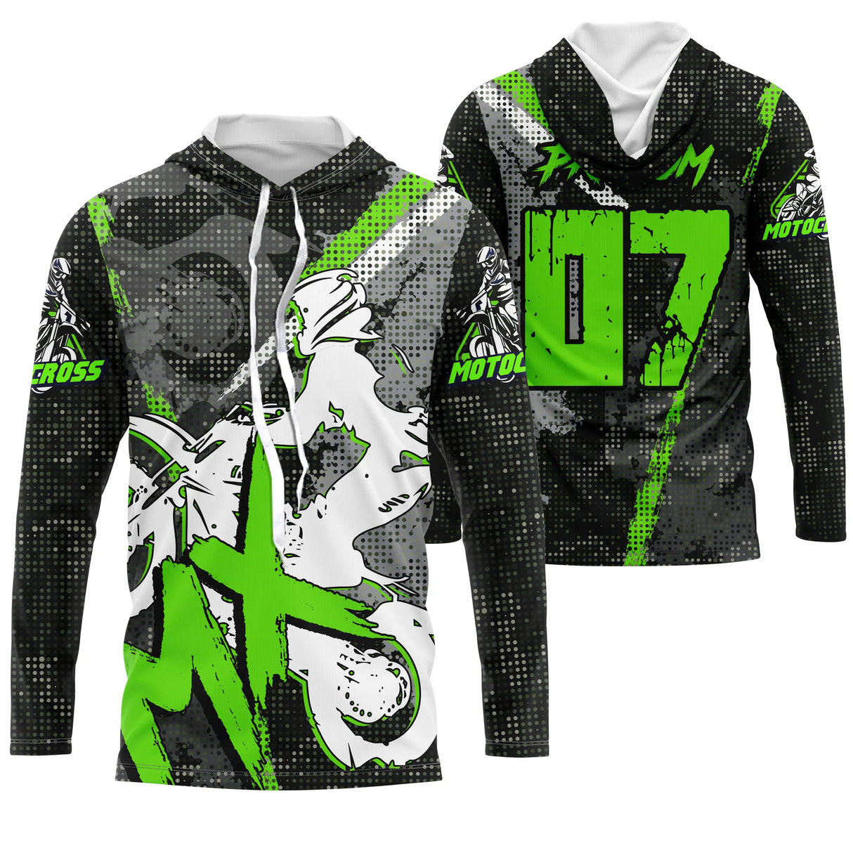 Anti-UV à capuche motocross noir vert lime MX, design dirt bike personnalisé pour compétiteur