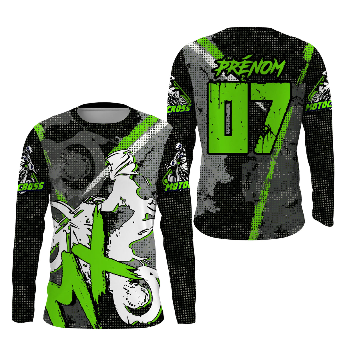Anti-UV manches longues motocross MX vert lime, tenue piste avec prénom et numéro pour pilote