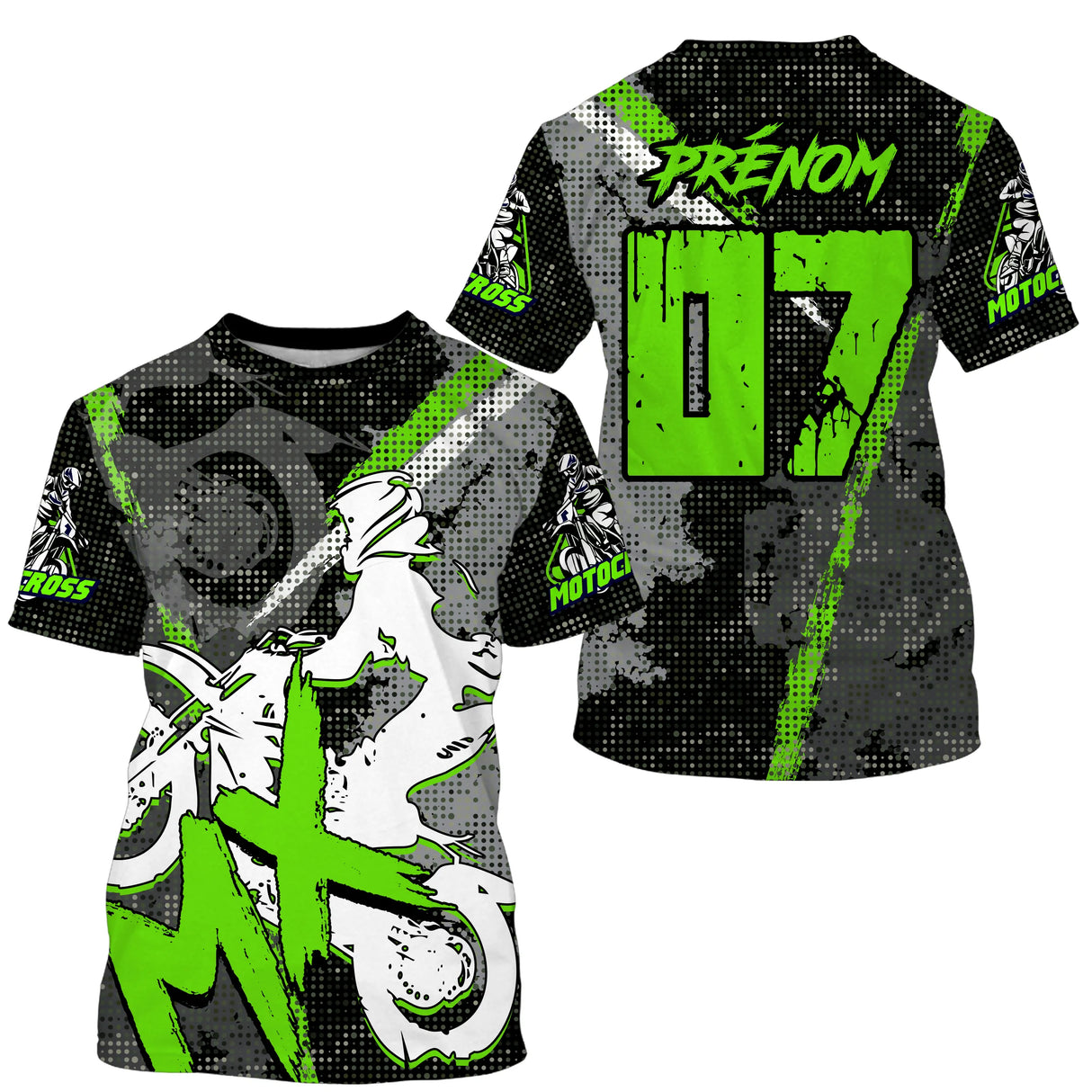 Maillot motocross MX noir vert lime avec lettrage MX rouge et silhouette motard tribale, prénom numéro 07