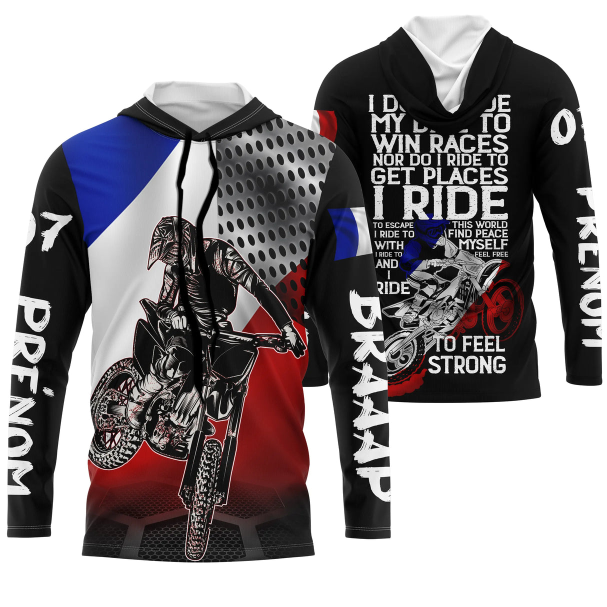 Anti-UV à capuche motocross France tricolore patriotic, design dirt bike personnalisé patriote