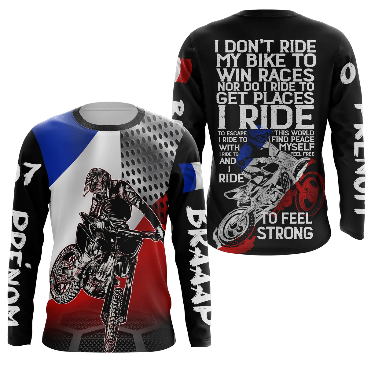 Anti-UV manches longues motocross France philosophie I Ride, tenue piste avec prénom et numéro