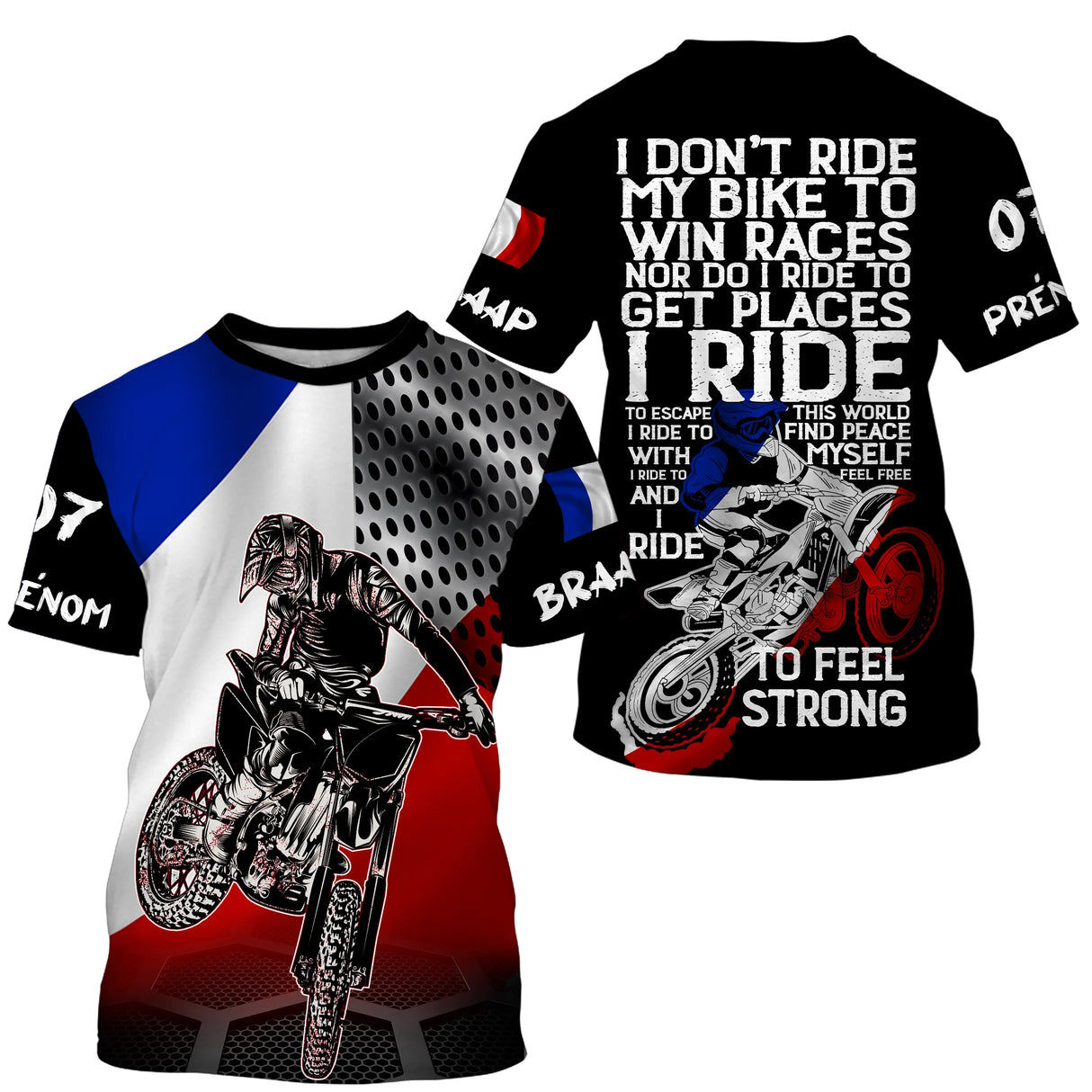 Maillot motocross France tricolore avec drapeau bleu blanc rouge et motard, lettrage I Ride To Escape prénom numéro