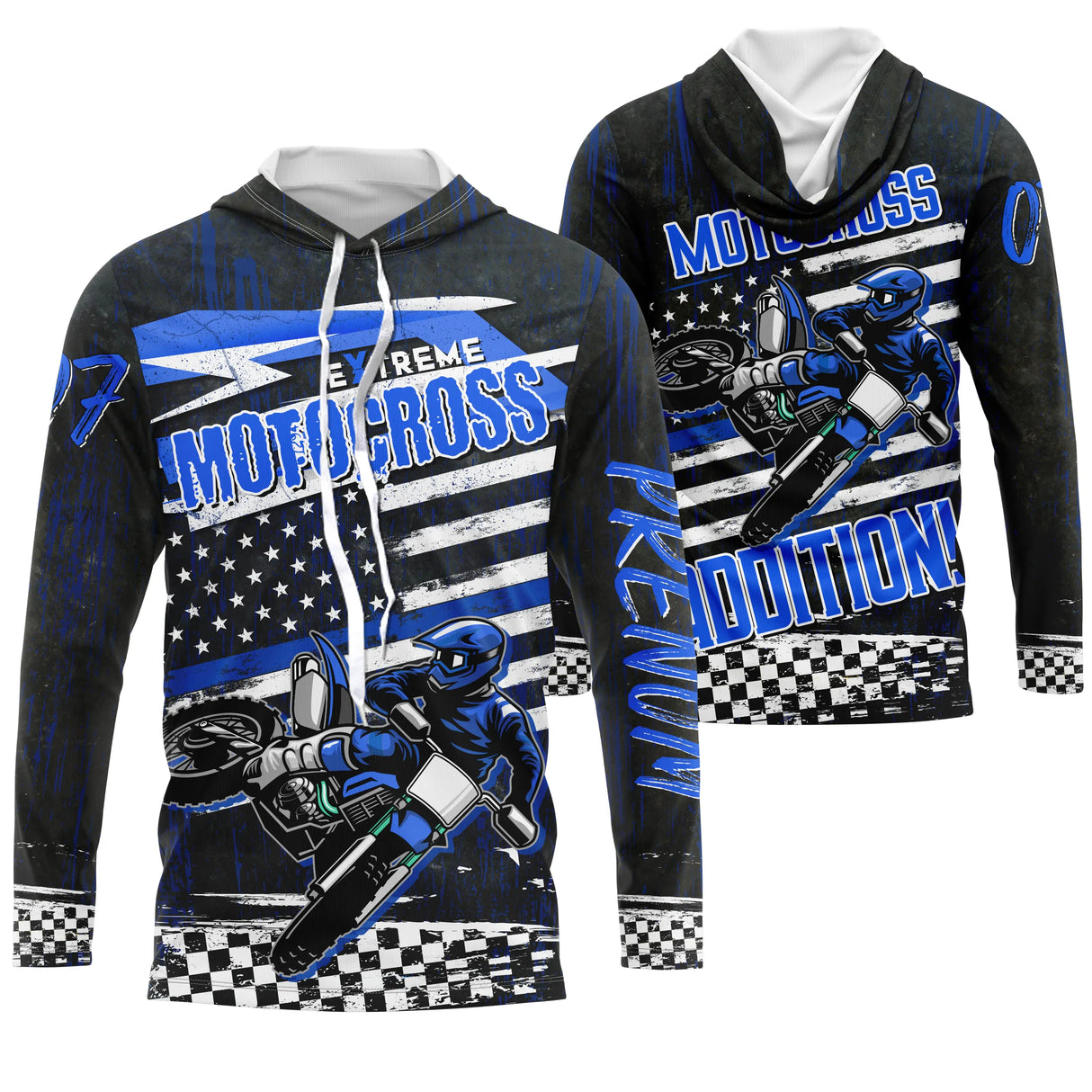 Anti-UV à capuche motocross extreme addiction bleu noir, design dirt bike personnalisé pour pilote
