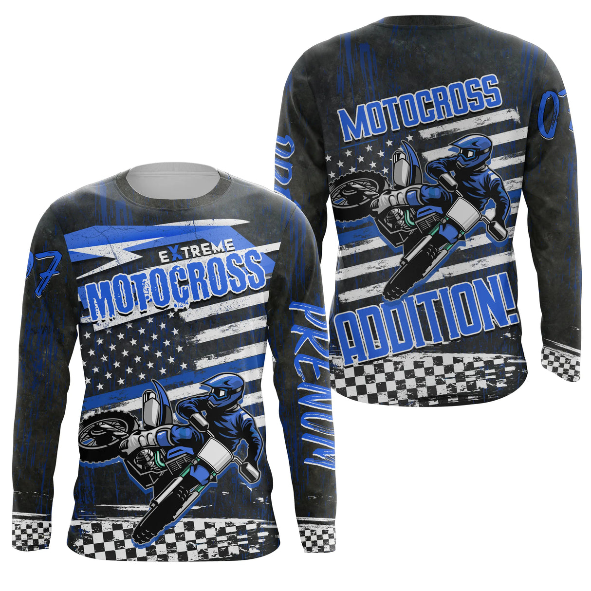 Anti-UV manches longues motocross extreme bleu damier, tenue piste avec prénom et numéro