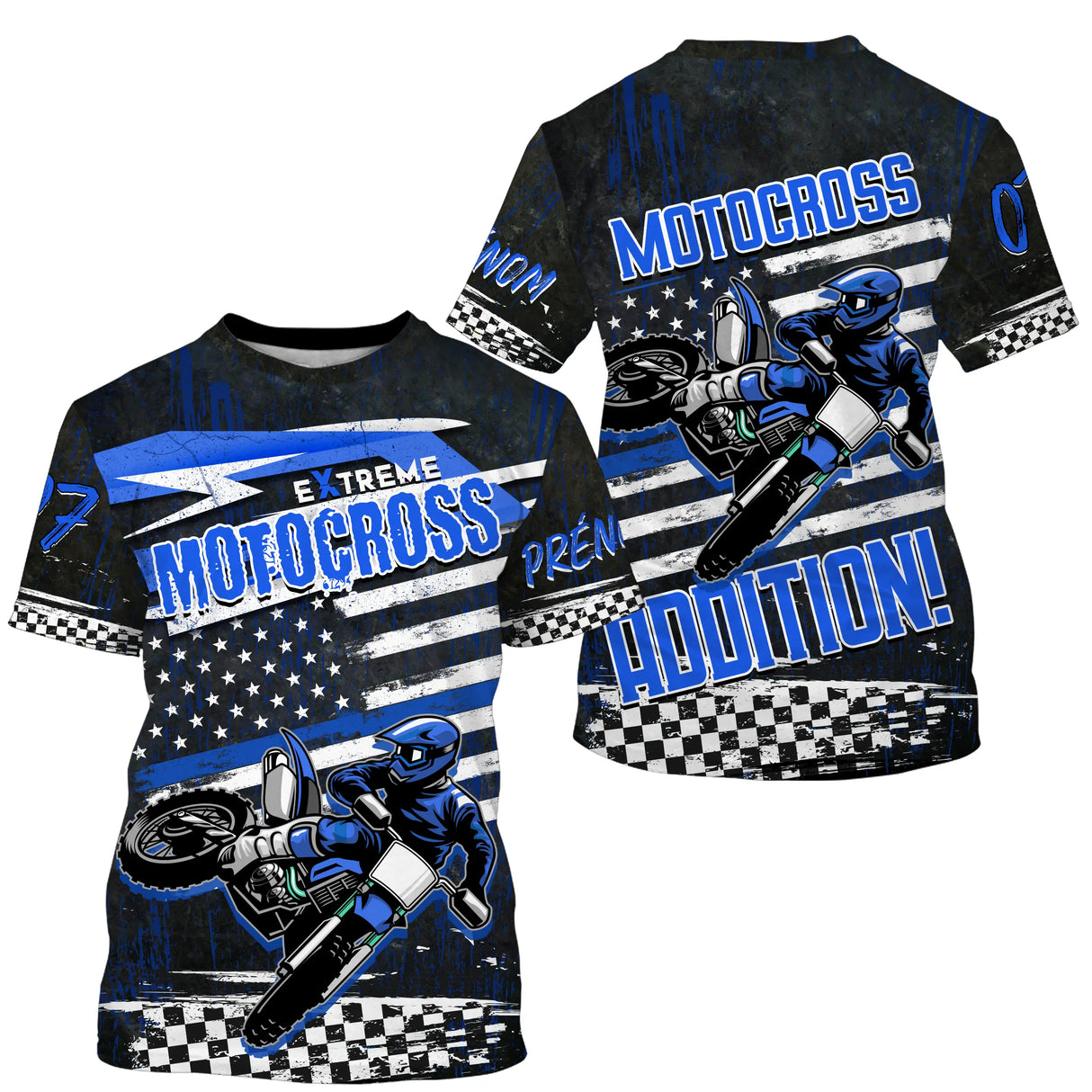 Maillot motocross extreme noir bleu avec motard et damier, lettrage Extreme Motocross Addiction et prénom numéro 07