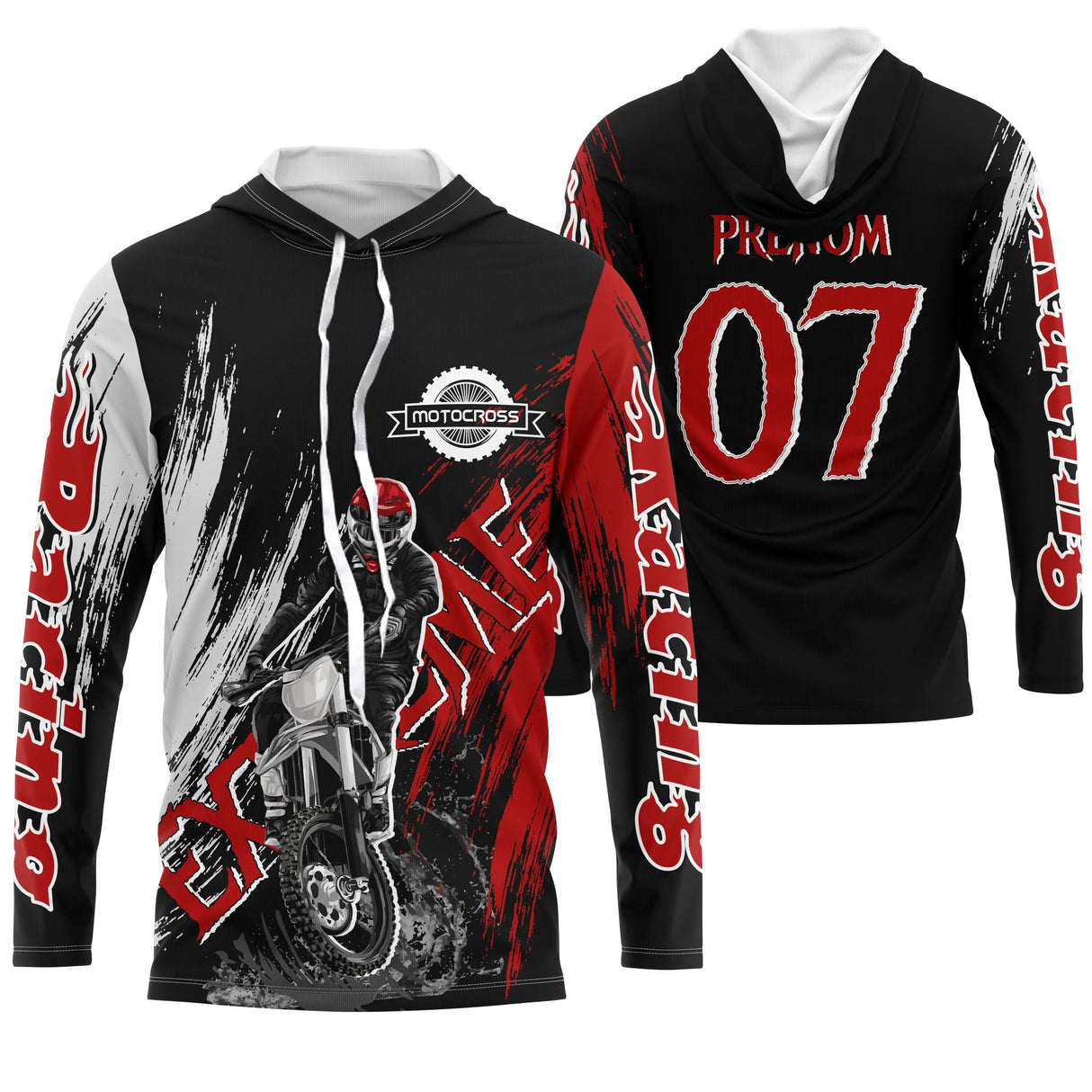 Anti-UV à capuche motocross extreme noir rouge, design dirt bike personnalisé pour compétiteur