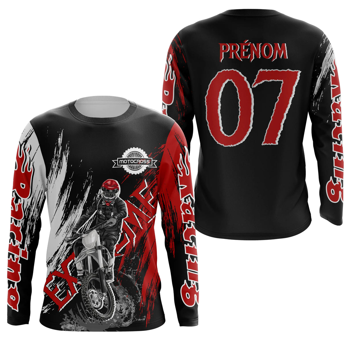 Anti-UV manches longues motocross extreme noir rouge, tenue piste avec prénom et numéro