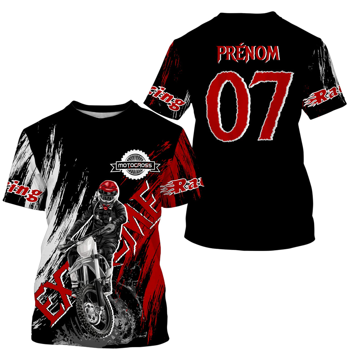 Maillot motocross extreme noir rouge avec motard et lettrage Extreme Motocross, prénom numéro 07 imprimés