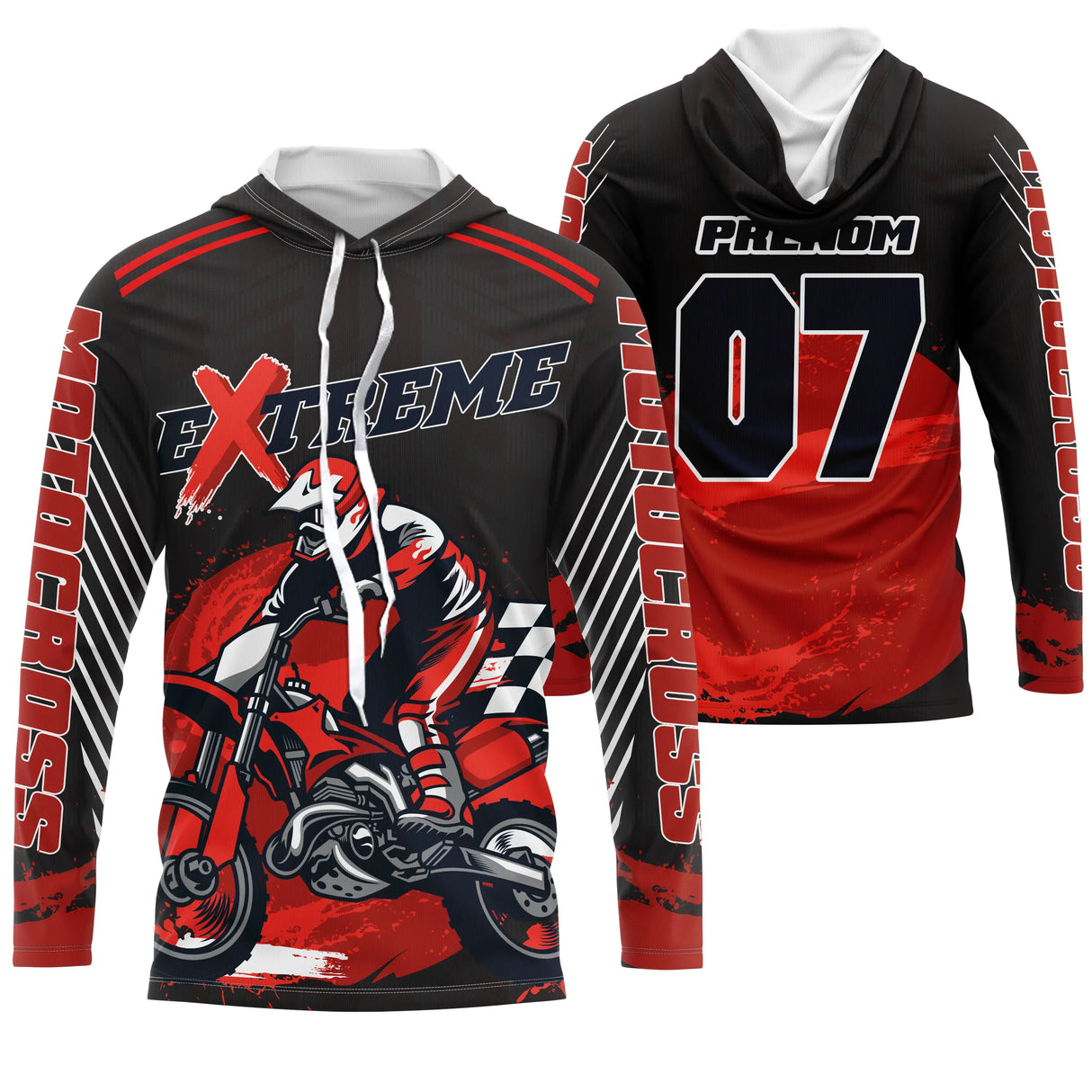 Anti-UV à capuche motocross rouge noir extreme, design dirt bike personnalisé pour compétiteur