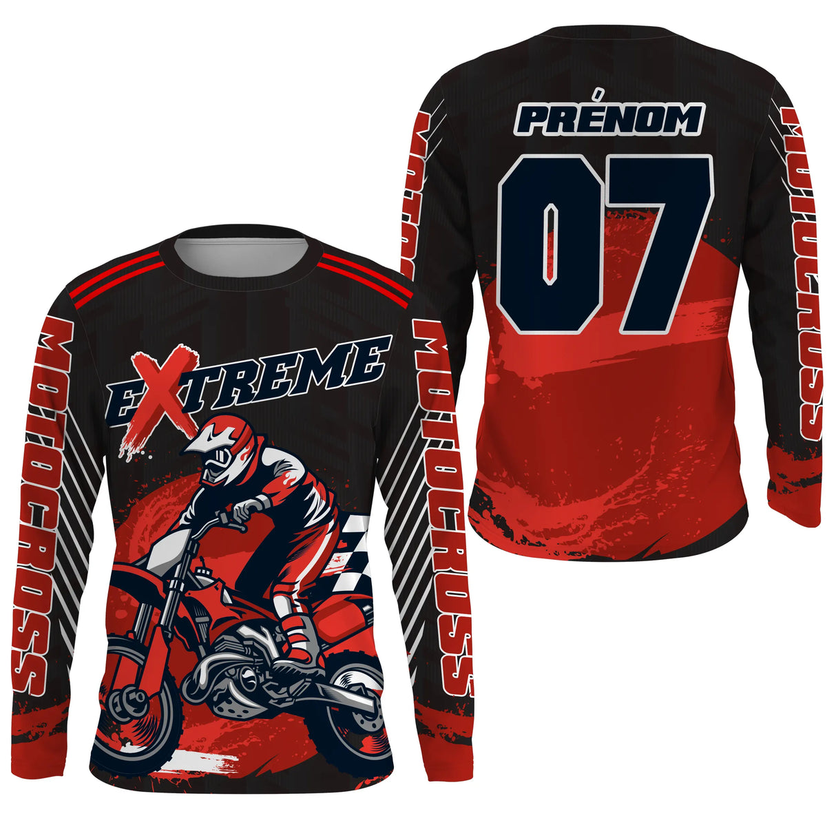 Anti-UV manches longues motocross rouge extreme, tenue piste avec prénom et numéro pour pilote
