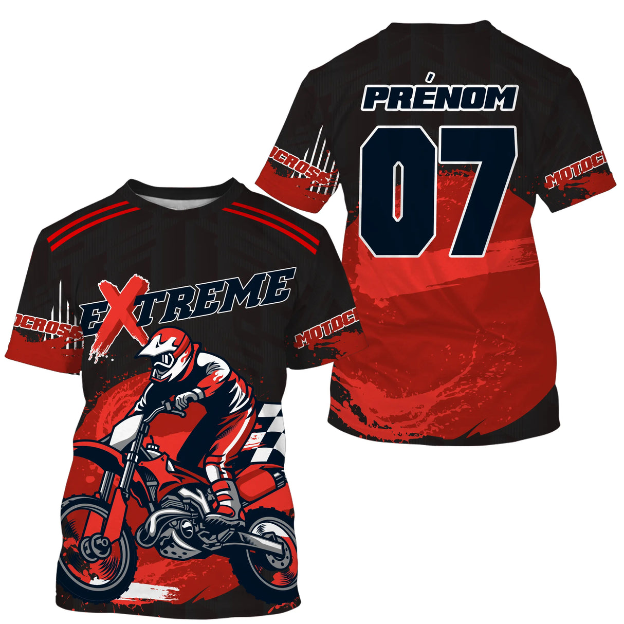 Maillot motocross rouge extreme noir avec motard en course et lettrage Extreme, prénom numéro 07 imprimés