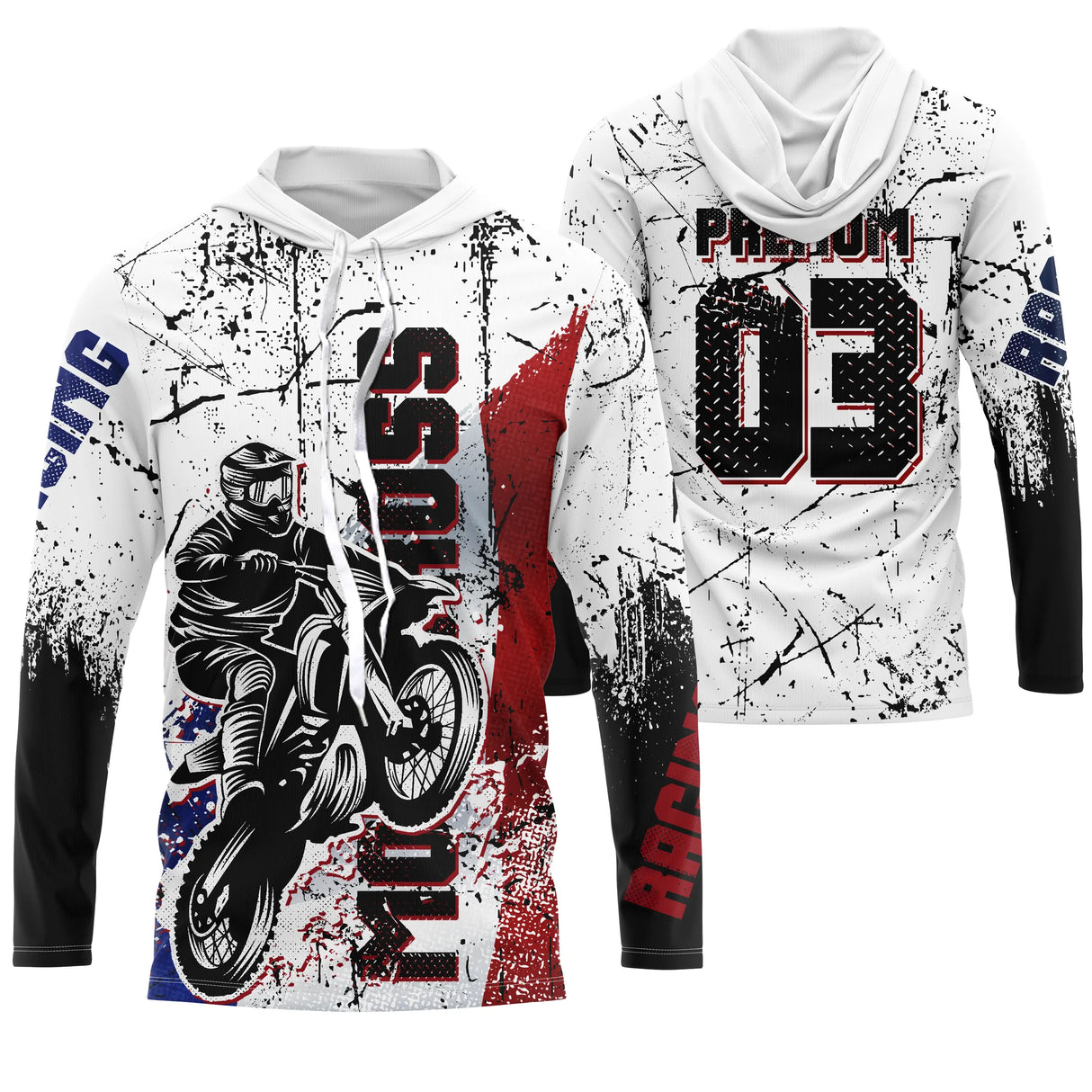 Anti-UV à capuche motocross France blanc rouge bleu, design dirt bike patriotique personnalisé