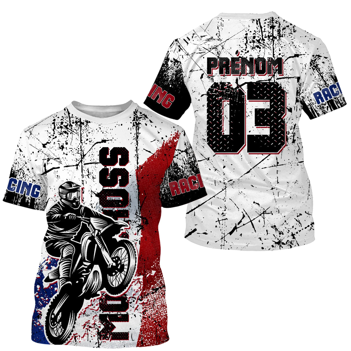 Maillot motocross France blanc bleu rouge avec motard et drapeau tricolore déchiré, prénom numéro 03 imprimés