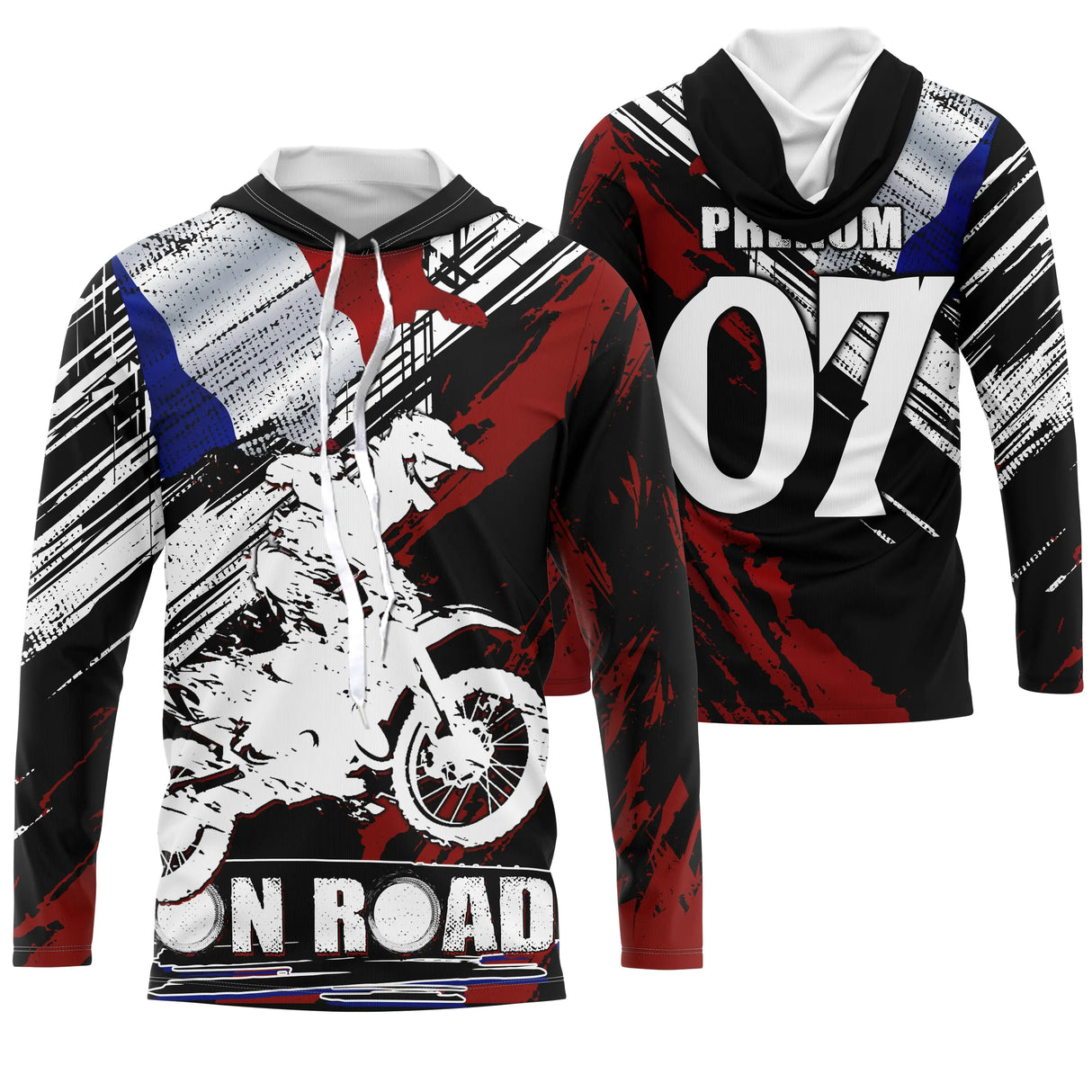 Anti-UV à capuche motocross France rouge On Road, design patriotique dirt bike personnalisé