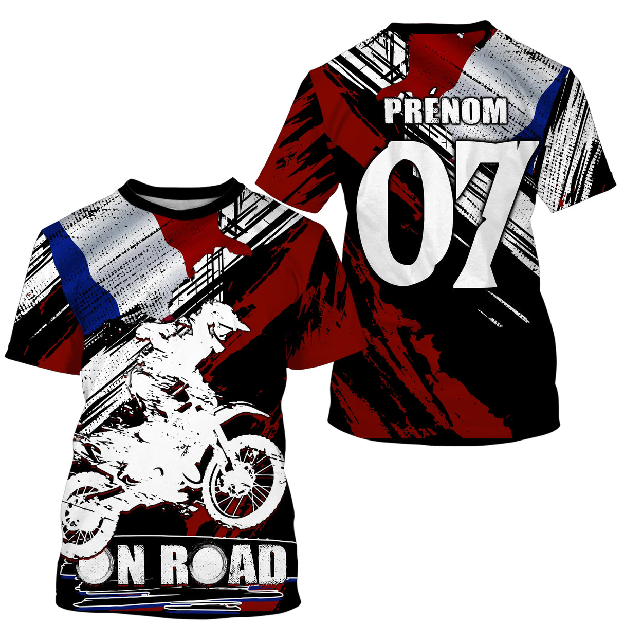 Maillot motocross France rouge On Road avec motard et drapeau tricolore, prénom numéro 07 imprimés