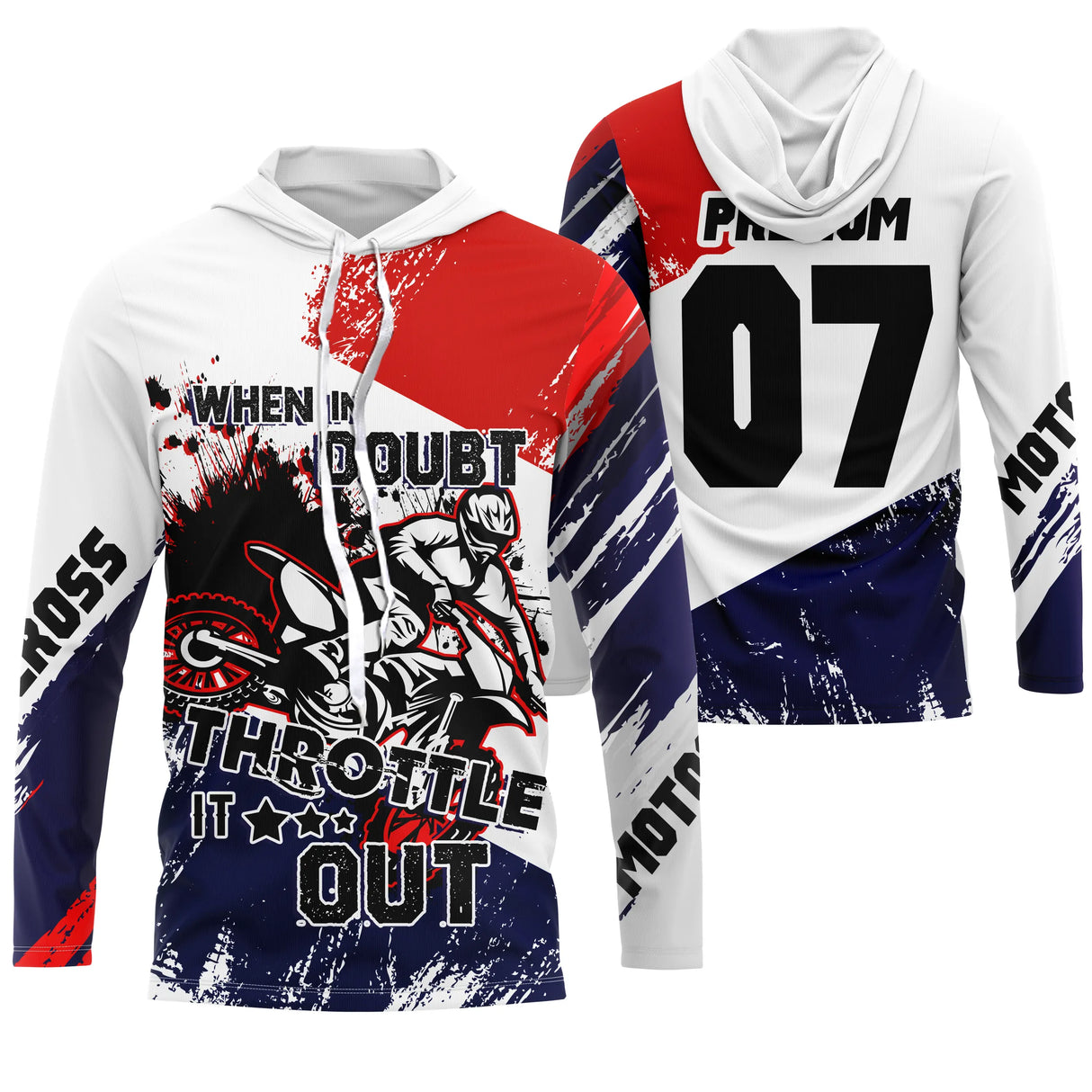 Anti-UV à capuche motocross France throttle no-limit, design dirt bike personnalisé patriote