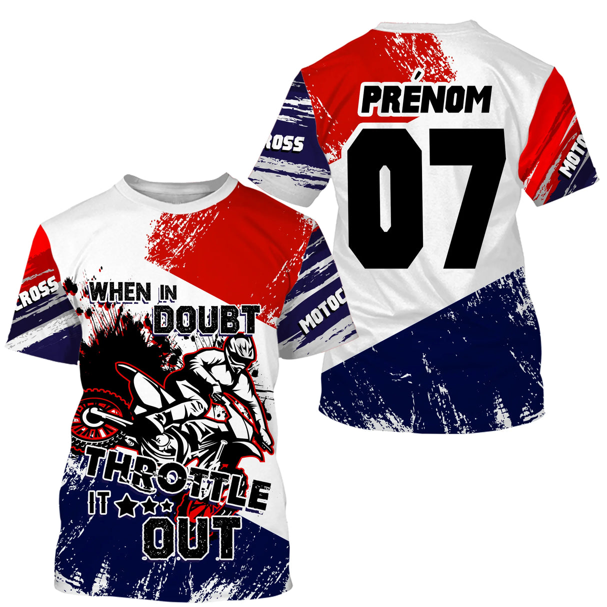 Maillot motocross France blanc tricolore avec motard et lettrage Throttle Out, prénom numéro 07 imprimés