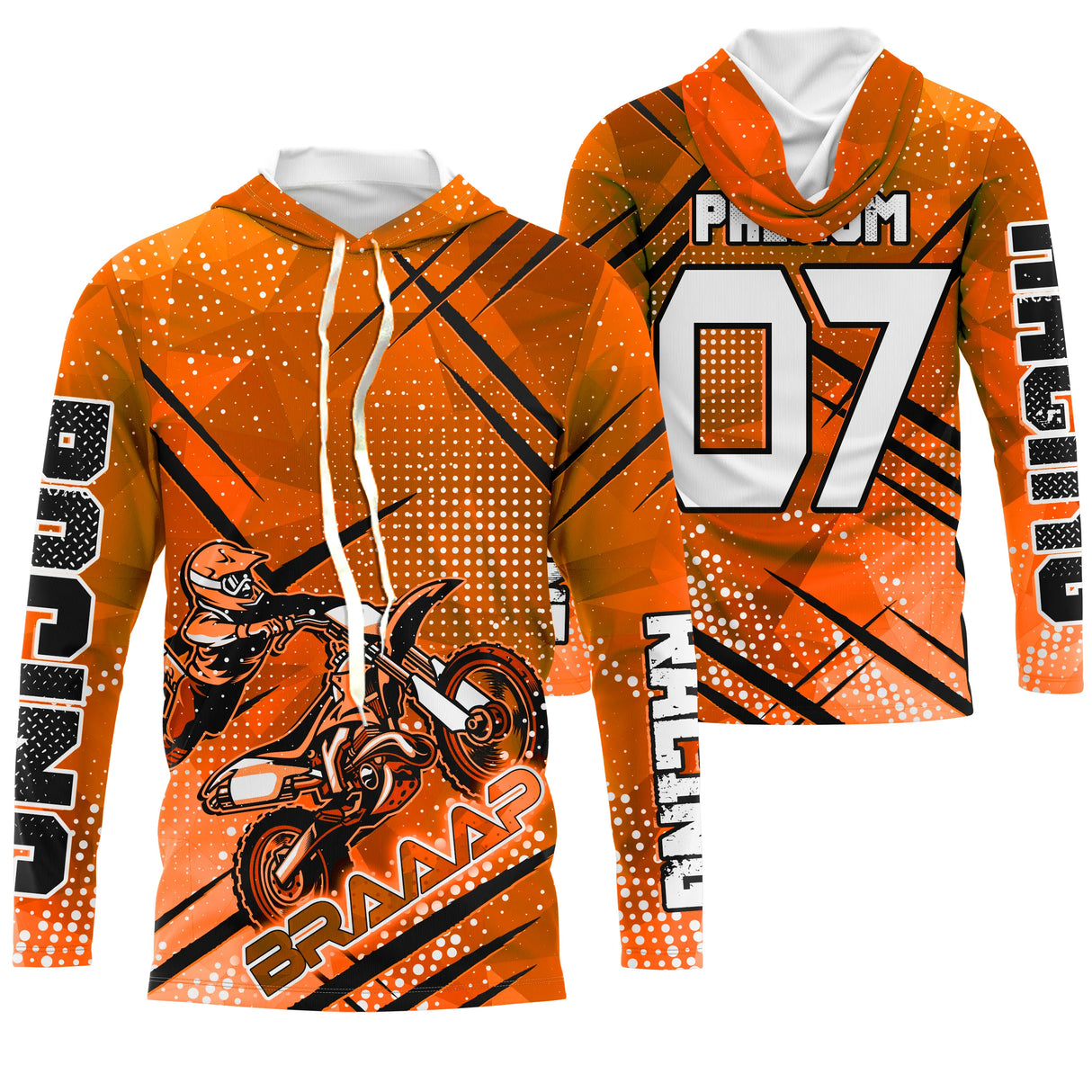 Anti-UV à capuche motocross orange Racing, design dirt bike personnalisé pour compétiteur