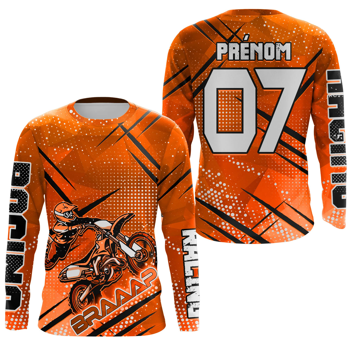 Anti-UV manches longues motocross orange Braaap, tenue piste avec prénom et numéro pour pilote