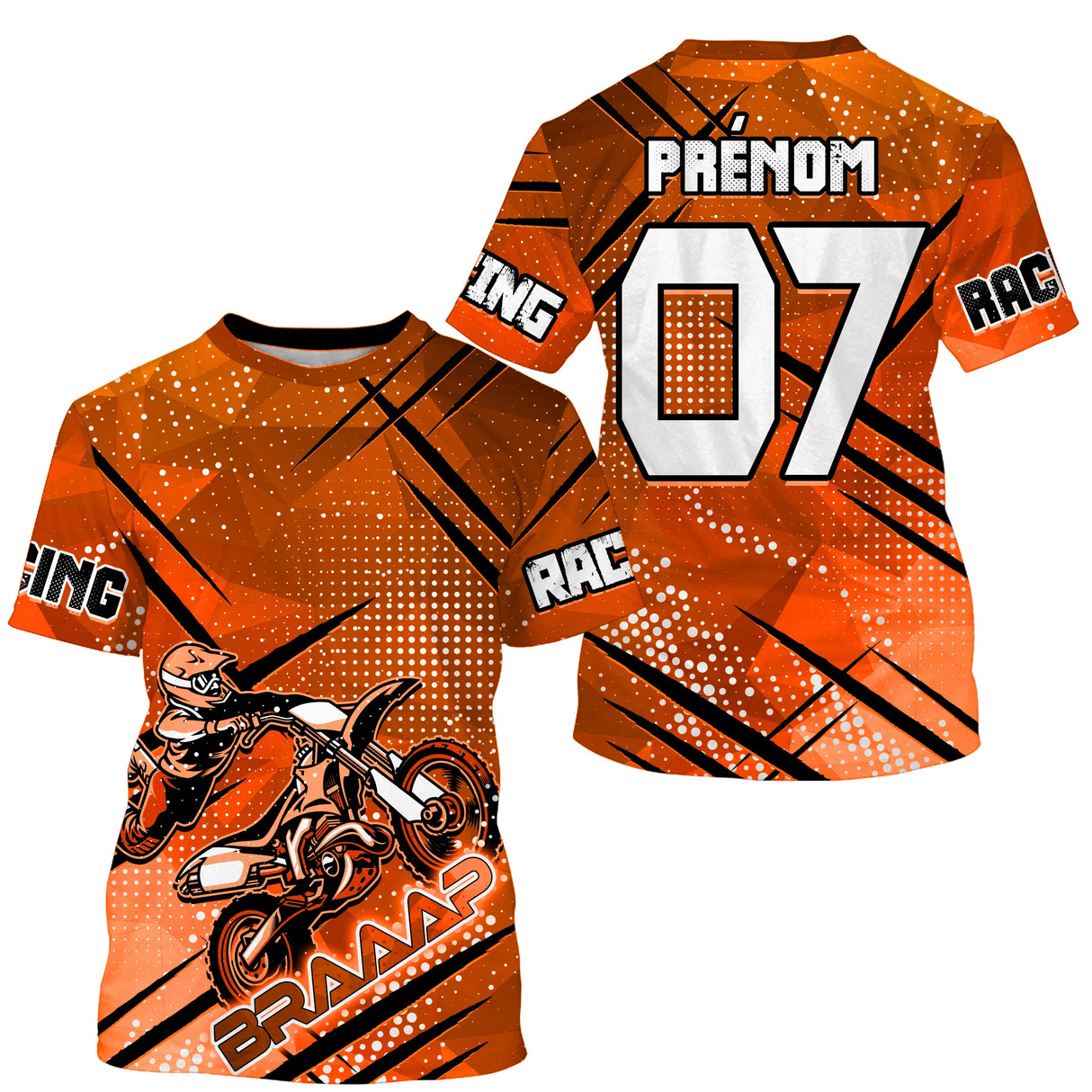 Maillot motocross orange Braaap Racing avec motard MX en course et lettrage Racing, prénom numéro 07