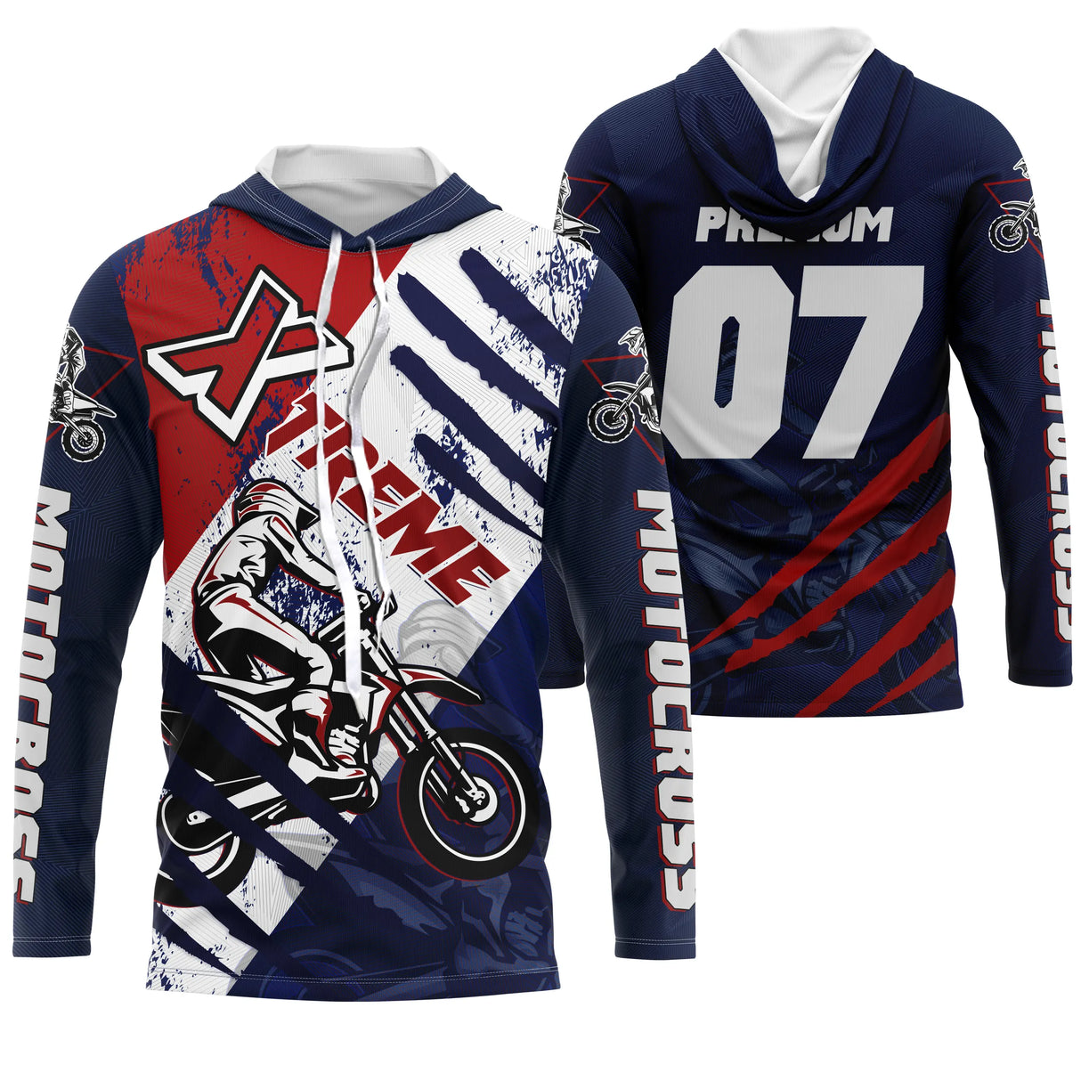 Anti-UV à capuche motocross bleu marine rouge Xtreme, design dirt bike personnalisé compétiteur