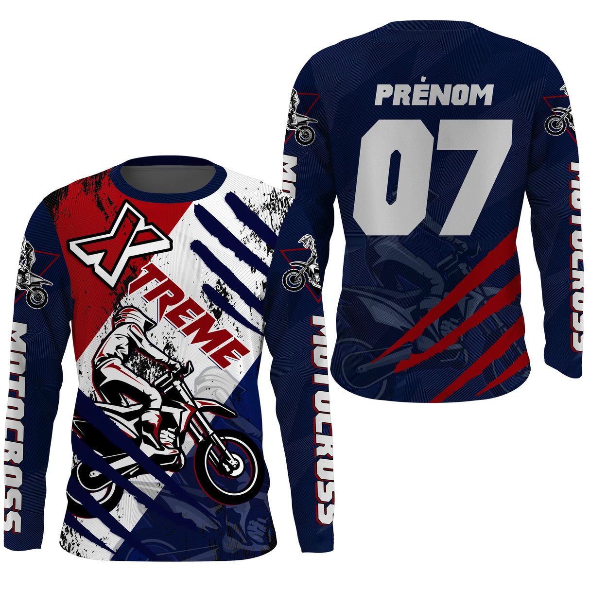 Anti-UV manches longues motocross bleu marine Xtreme, tenue piste avec prénom et numéro pour pilote