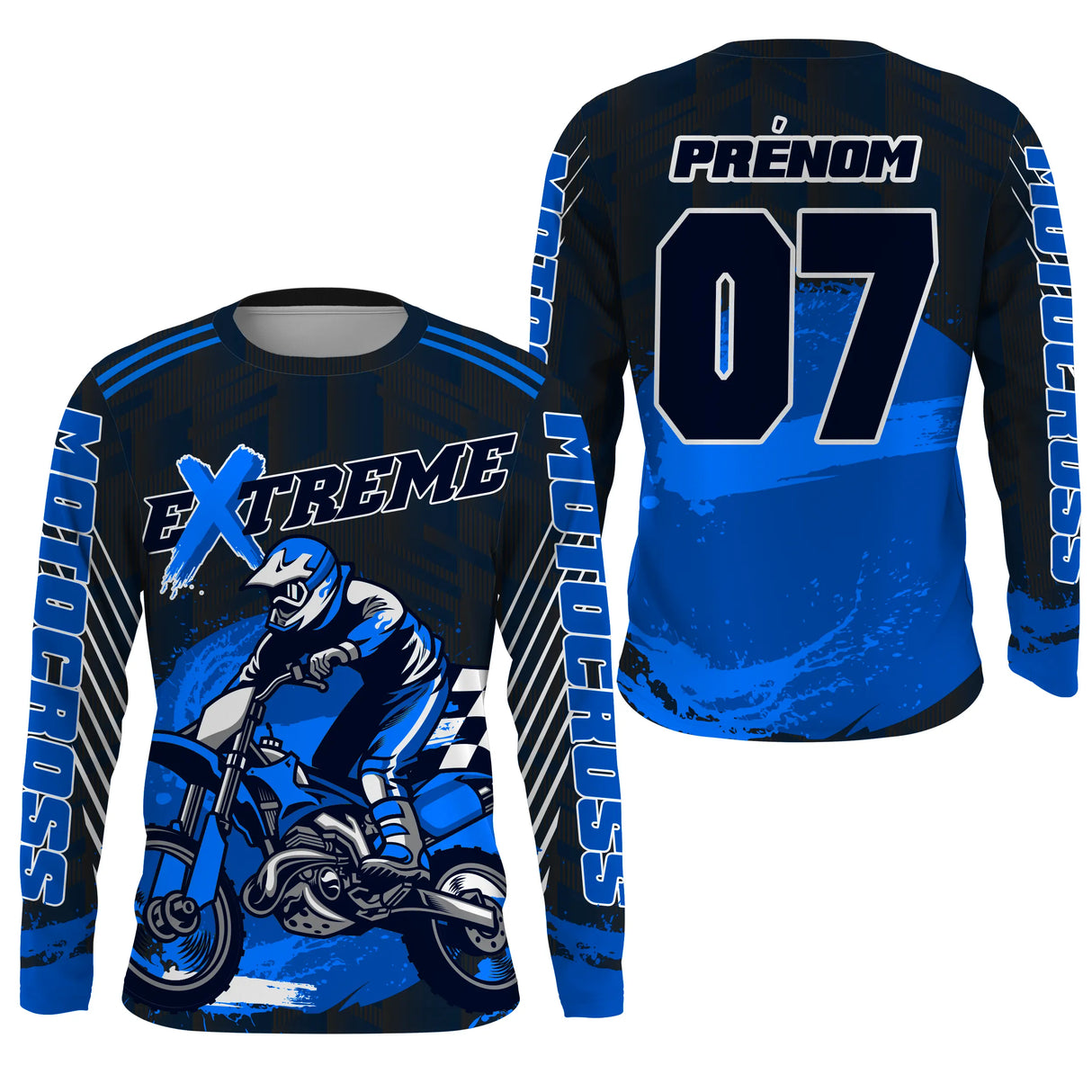 Anti-UV manches longues motocross bleu vif Extreme, tenue piste avec prénom et numéro pour pilote