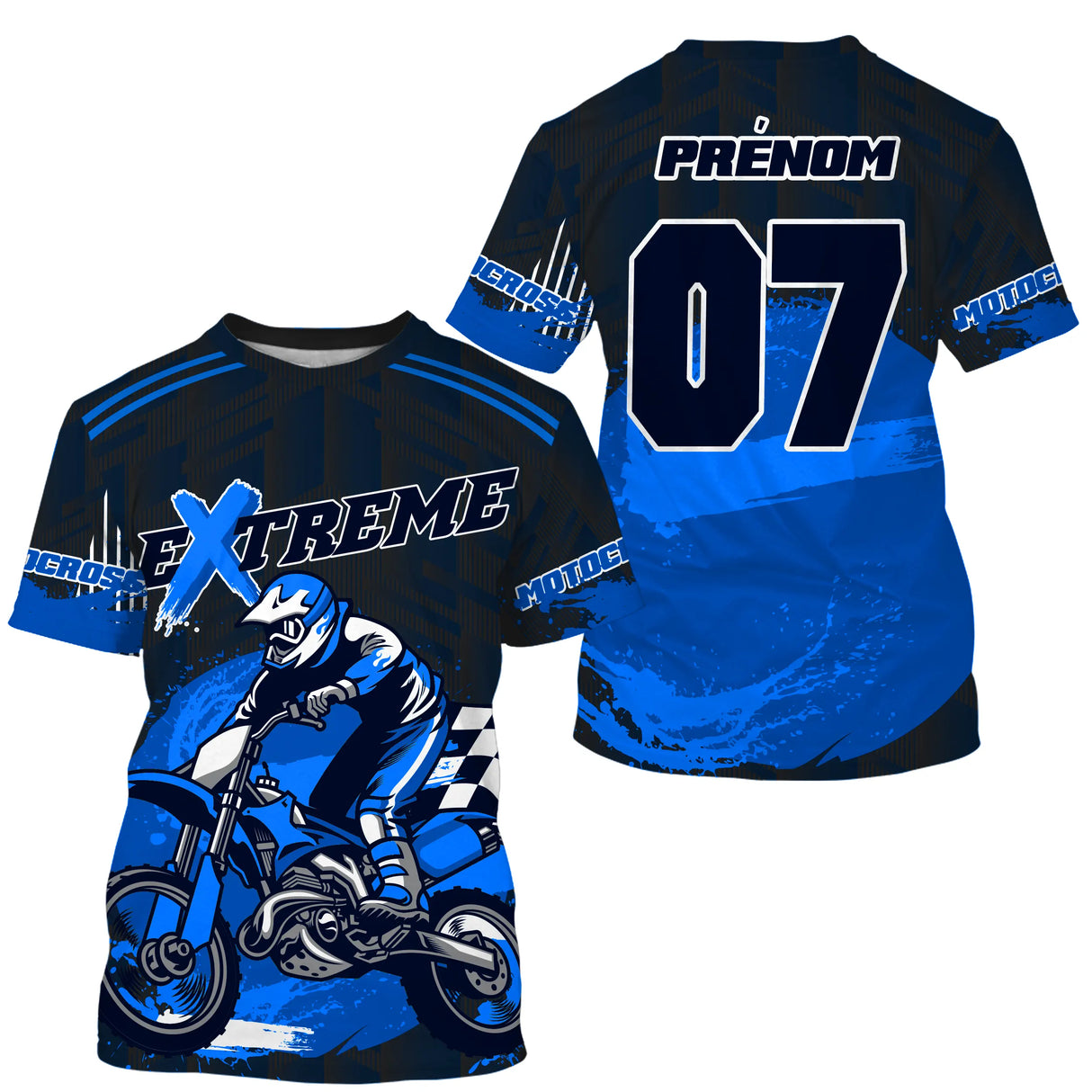Maillot motocross bleu vif Extreme avec motard MX en course et éclats dynamiques, prénom numéro 07