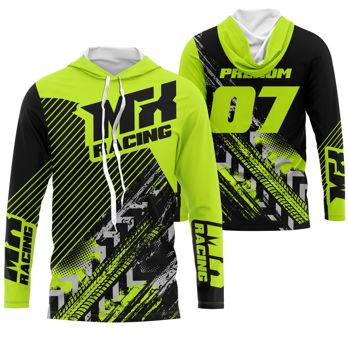 Anti-UV à capuche motocross vert fluo noir, design dirt bike personnalisé pour compétiteur Racing
