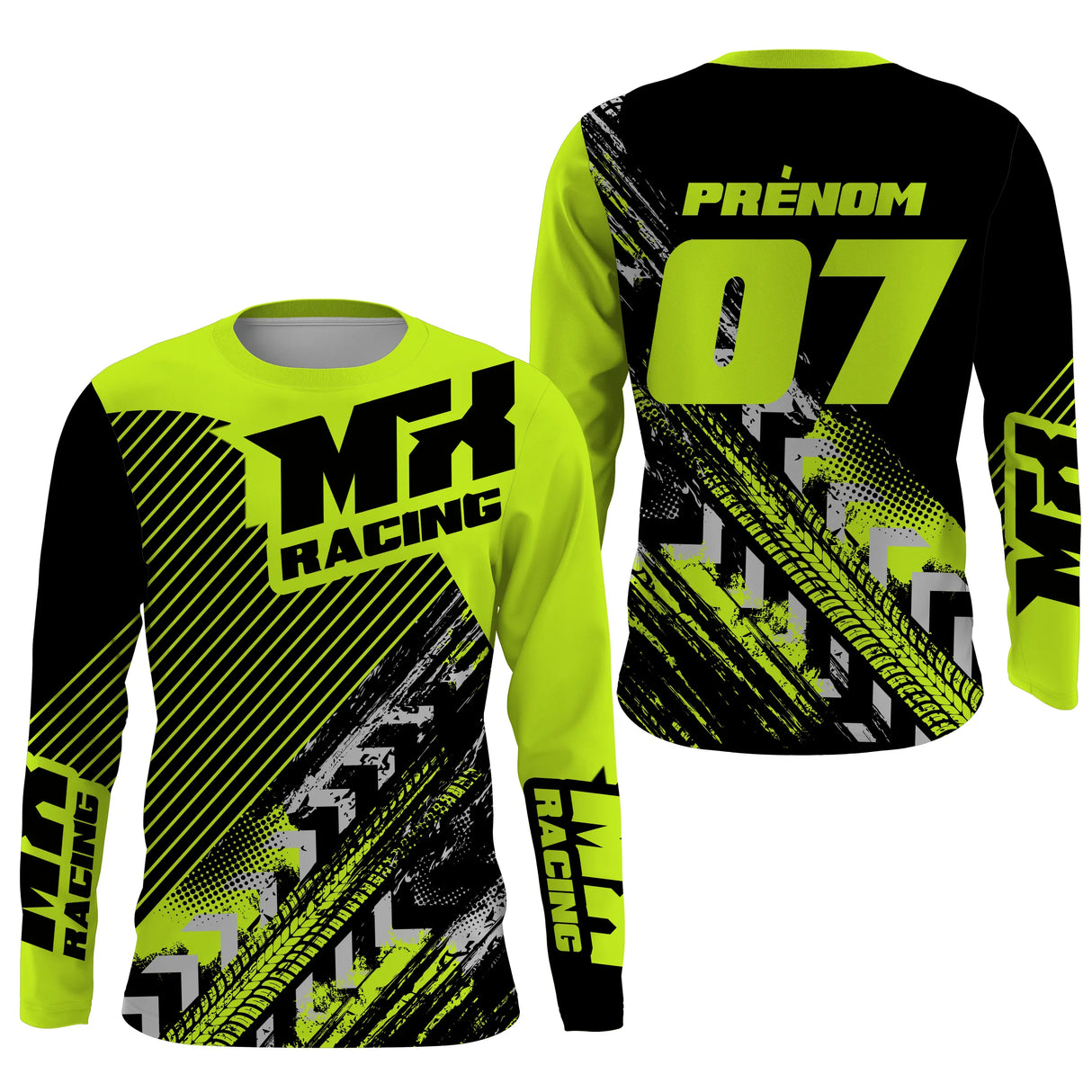 Anti-UV manches longues motocross vert fluo MX Racing, tenue piste avec prénom et numéro pour pilote