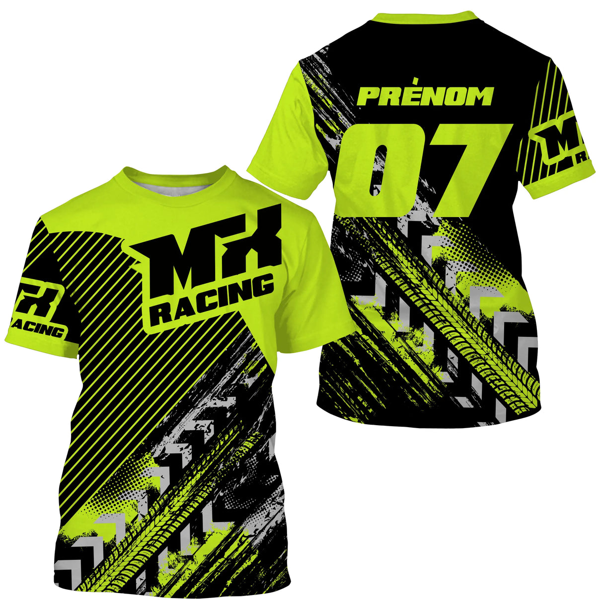 Maillot motocross noir vert fluo avec lettrage MX Racing et traces de pneu, prénom numéro 07 imprimés