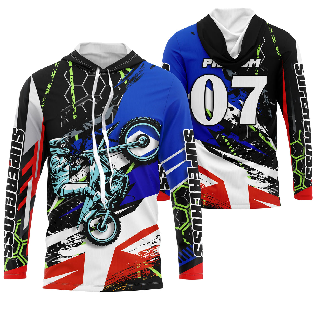 Anti-UV à capuche motocross bleu rouge supercross, design dirt bike personnalisé pour pilote