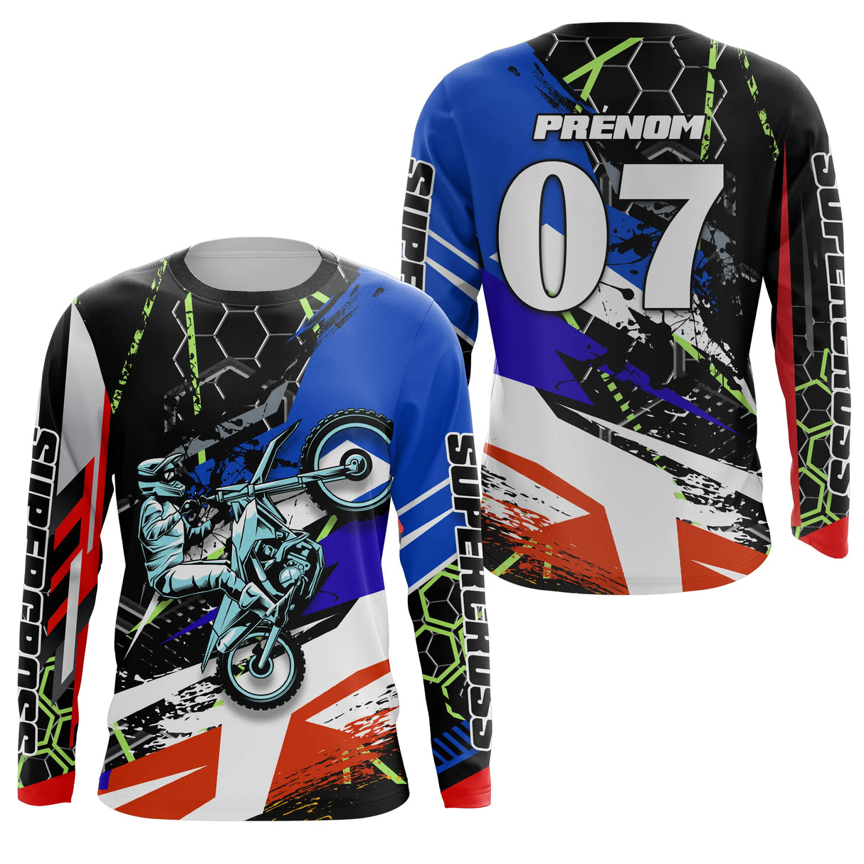 Anti-UV manches longues motocross bleu rouge Cross Super, tenue piste avec prénom et numéro