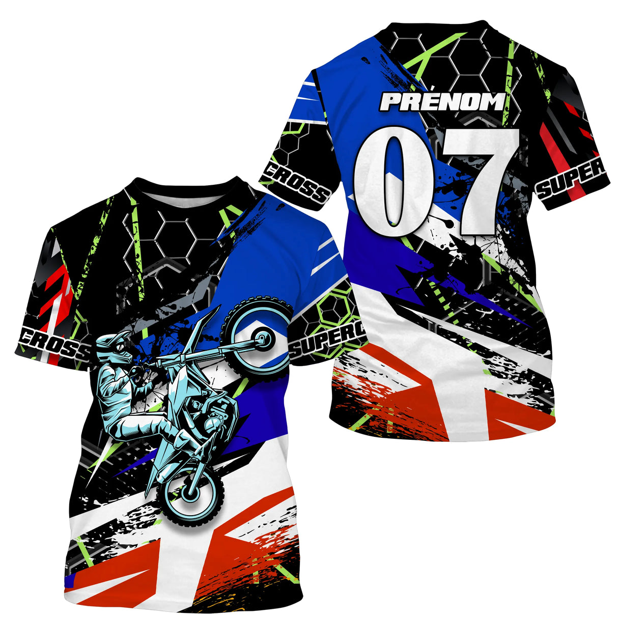 Maillot motocross bleu rouge Cross Super avec motard et lettrage hexagonal, prénom numéro 07 imprimés