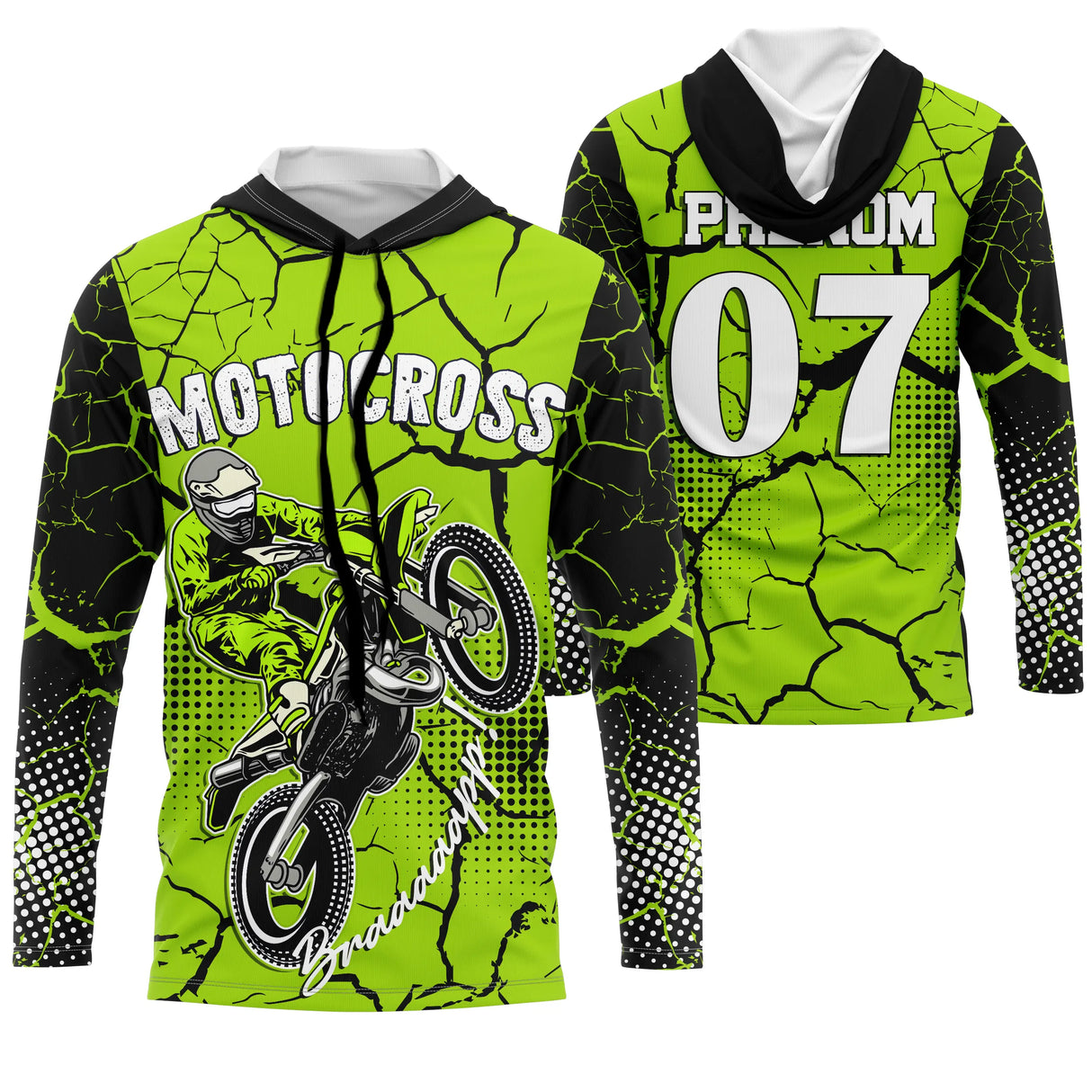 Sweat motocross noir vert lime avec motard MX et lettrage Motocross, prénom numéro 07 imprimés